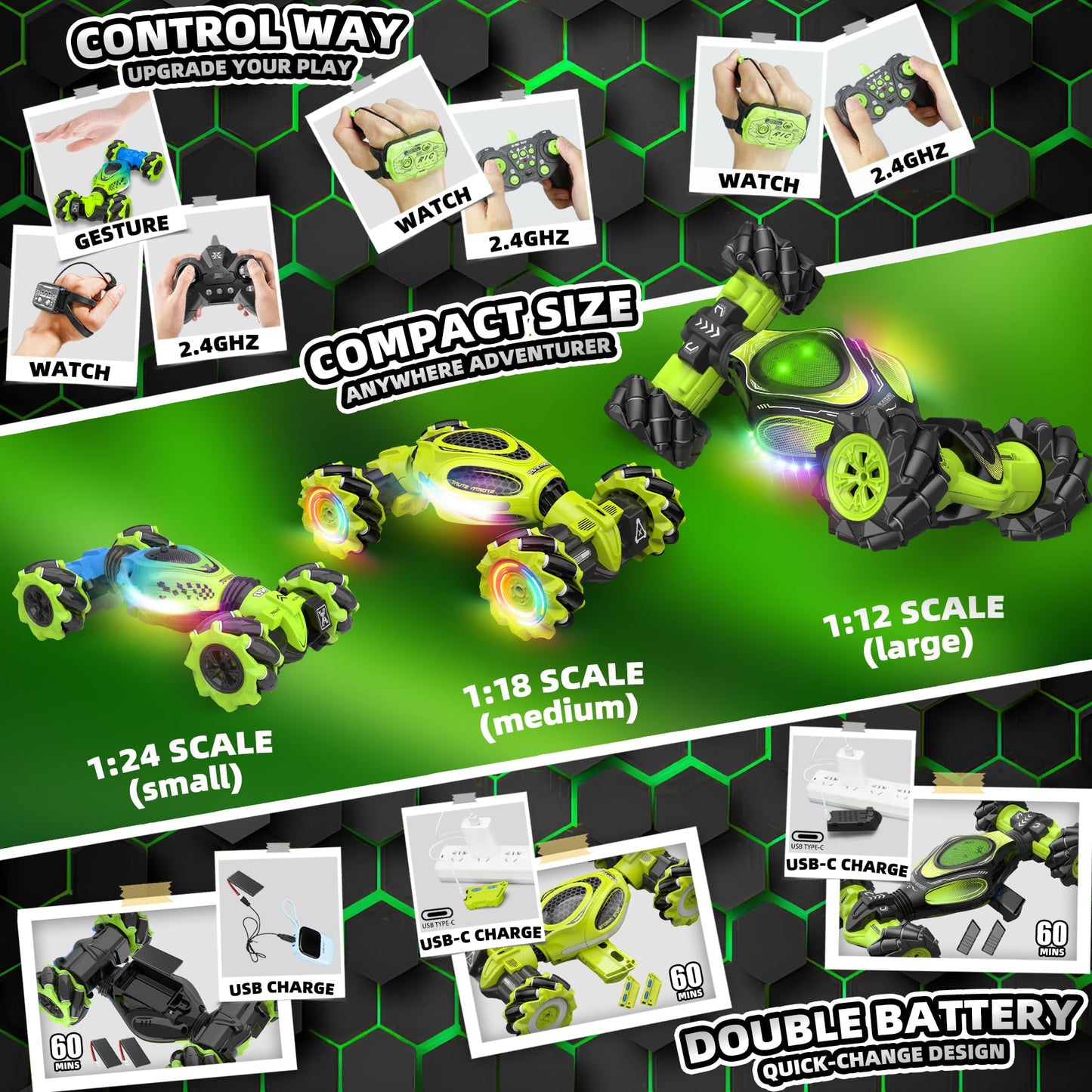 XUERENTECH RC Cars, Gesture Sensing Stunt Car Toys for Boys Girls 6-12 Year Old, 2.4Ghz 4WD Hand Remote Control Toy 360° Rotate Transform Off-Road Drift with Lights Music, Birthday Xmas Gifts for Kids