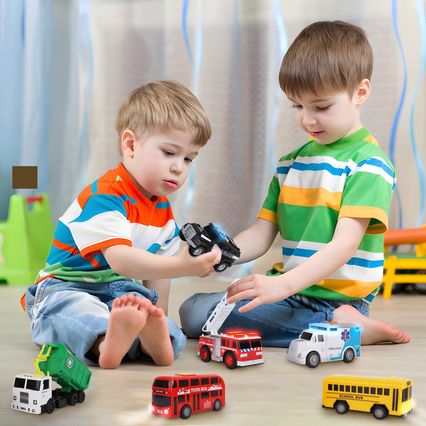 Playkidiz Toy Cars for Toddlers - 6Pcs Pull Back Cars Toys with Light and Sounds, City and emergency vehicles set, Including Police Car, Fire Truck, Ambulance, School bus, Tour Bus, Garbage Truck