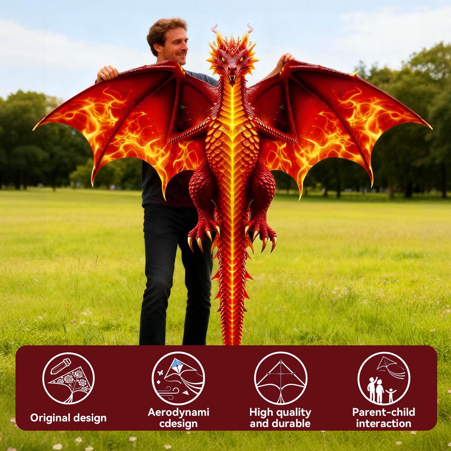 FejoHify Large Dragon Kite for Kids and Adults, Easy to Fly with 300ft String, Perfect for Beach, Park, Outdoor Activities, Gift for Boys Girls.(Fire)