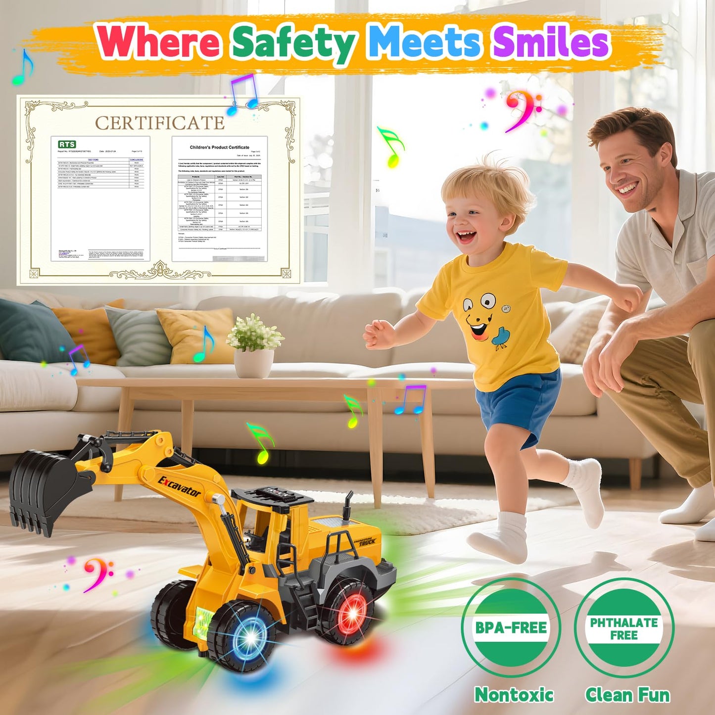 Car Toys for Toddlers, Excavator Toy with 2 Flashing Lights Music, Toy Trucks Construction Vehicle with 1 Moving Arm, Baby Toys for 3 4 5 6 Year Old Boys, Kids Valentine's Day Easter Birthday Gifts