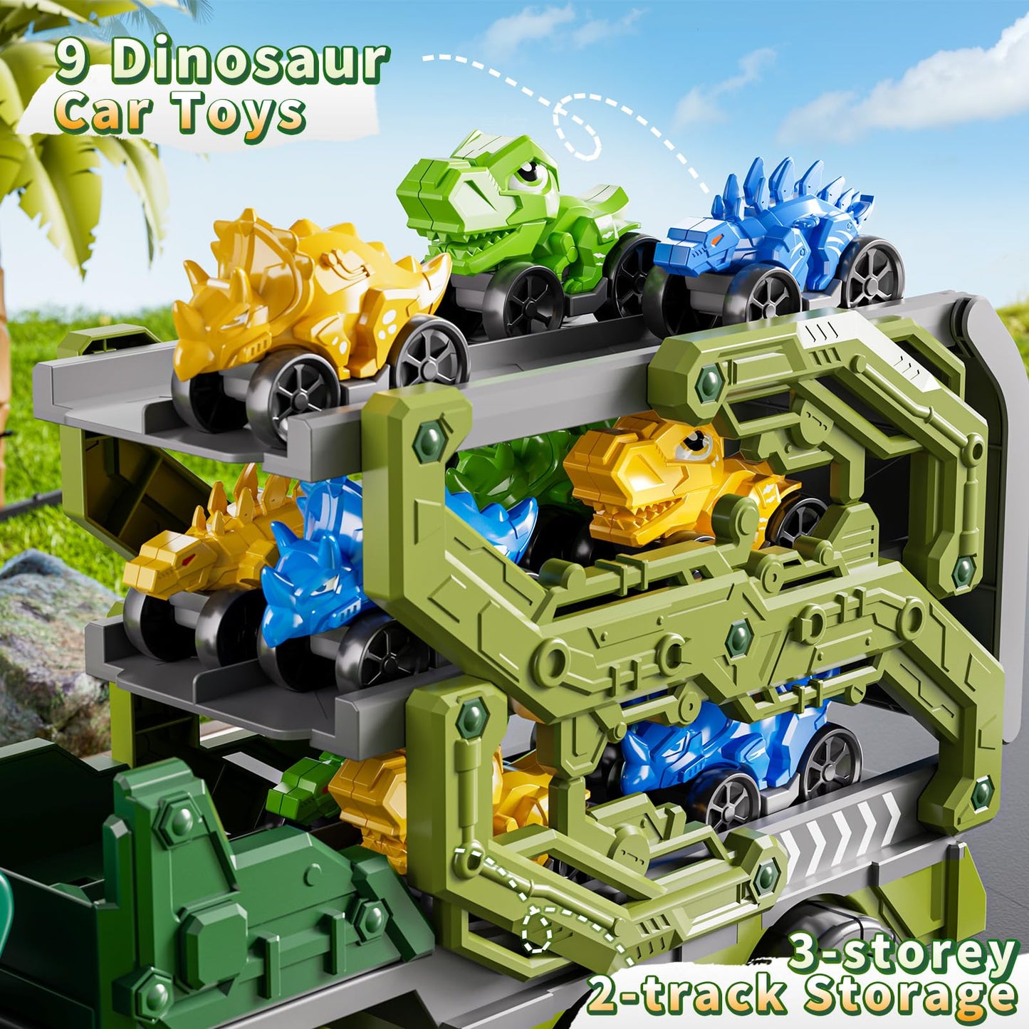 DULONIME 10 in 1 Dinosaur Truck Toys for Kids Aged 3-5 4-8 with Foldable Race Track, Carrier Truck with 9 Dinosaur Toy Car for Boys, Spraying, Light and Sound, Birthday Gifts for Girls Toddlers 5-7