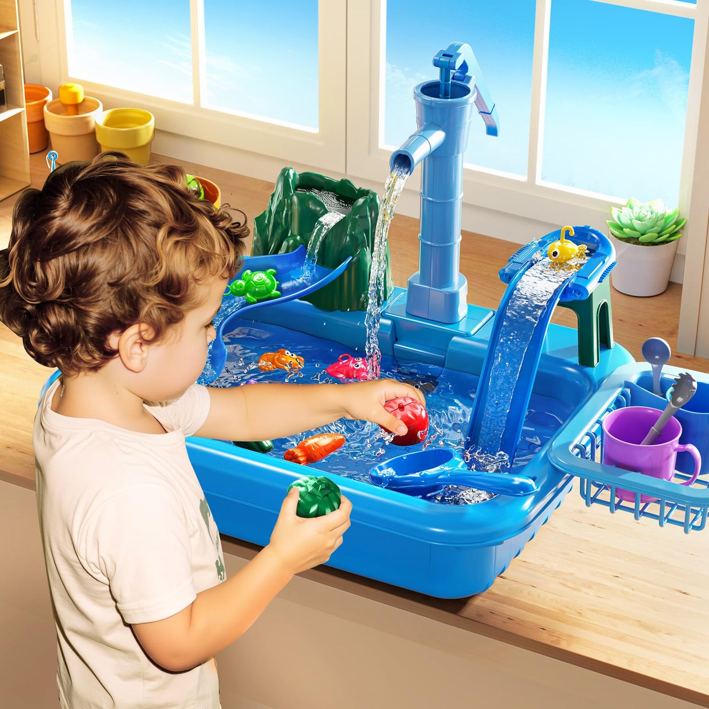 Water Table Play Sink Toy for Kids 2 3 4 5 6 Years Old - Outdoor Kitchen with Running Water, Fishing Games, Toddler Water Play Table for Kids Ages 3-8, Beach Outdoor Toys, Birthday Gifts 2+ 3-5 (Blue)