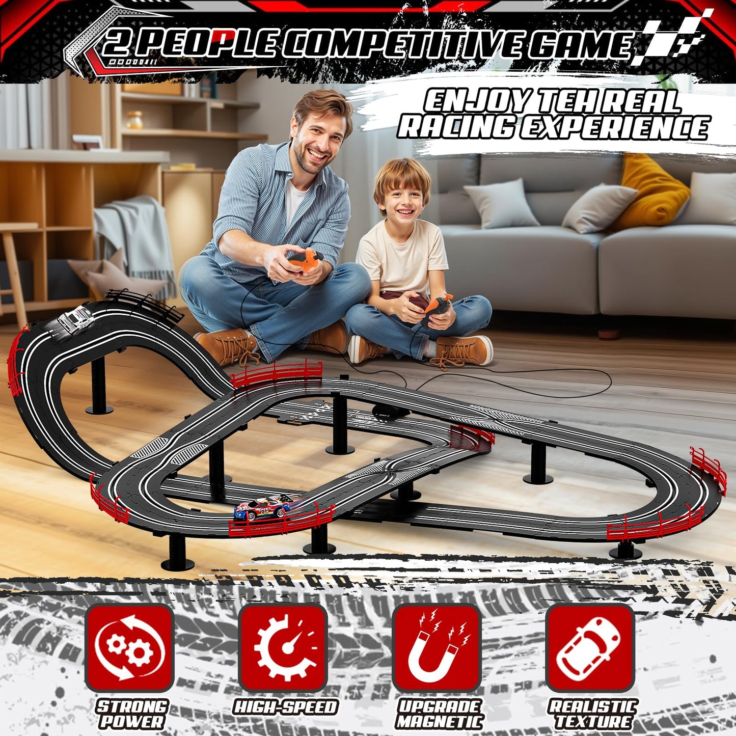 2 in 1 Slot Car Race Track Sets with 4 Slot Cars, 1:43 Electric Car Track for Boys, Dual Racing Game Lap Counter Circular Slope Track Sets, Birthday Gifts Toys for Boys Kids Ages 6 7 8 9 10 11 12