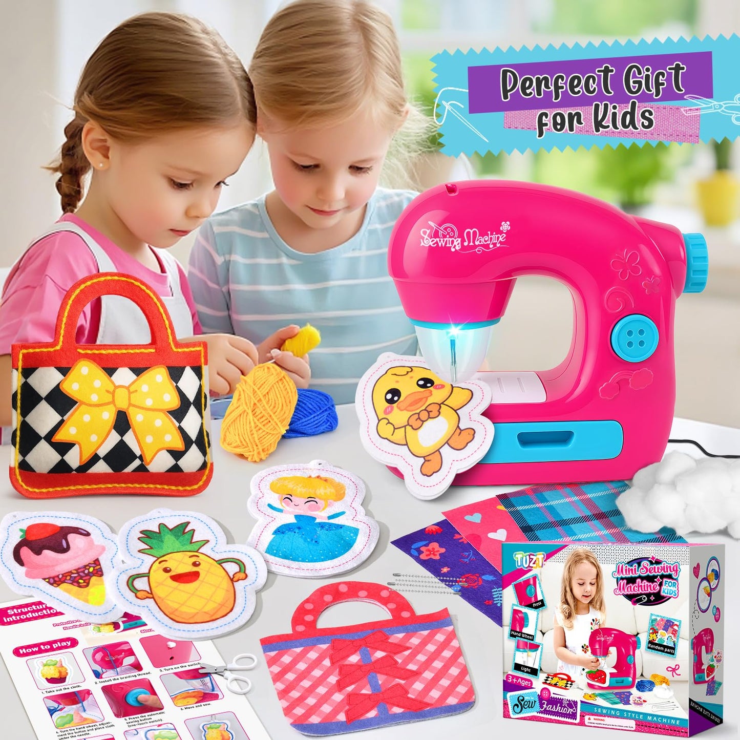 TUZT Mini Sewing Machine Toy Kit for Kids Beginners, 22pcs Portable Electric Sewing Machine with Sewing Kit, Light and Finger Guard, Birthday Christmas Gift for Kids Girls 4-12
