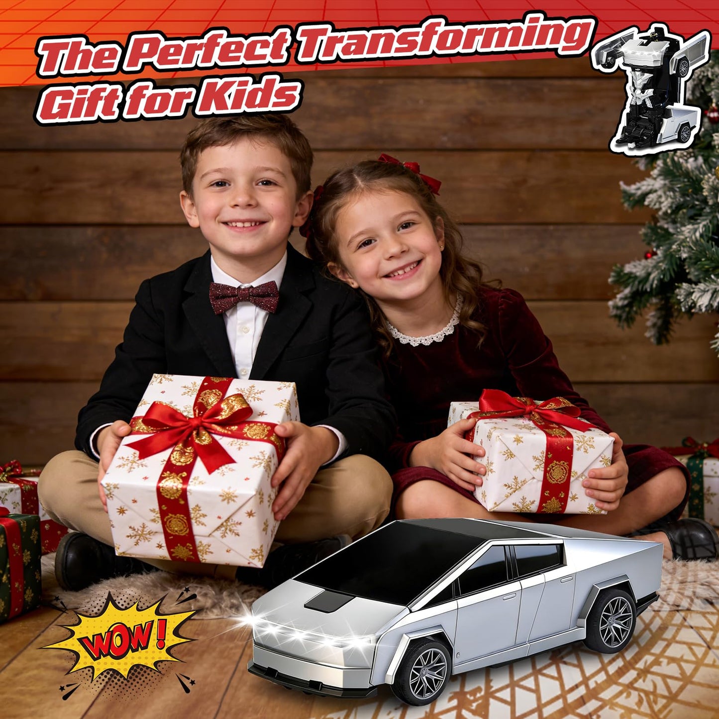 Transform RC Cybertruck Toy Car, 2.4GHz 2 in 1 Transform Toys for Boys 4-6 6-8, Remote Control Car for Kids, 360° Rotating RC Cars for Boys Age 8-12, Cyber Truck Transform with Lights and 2 Batteries