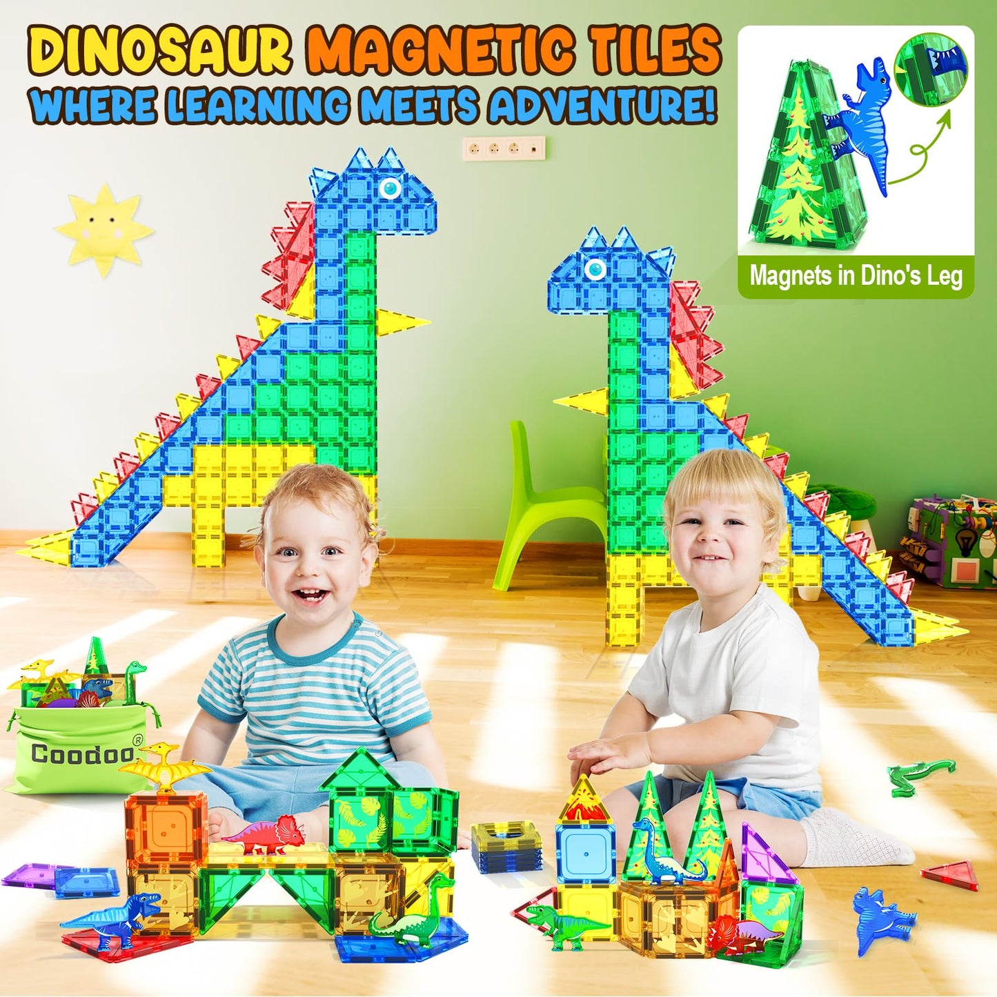 Coodoo Dinosaur Toys Magnetic Tiles - Magnet Building Blocks for Toddler Kids Toys STEM Sensory Outdoor Toy for 3+ Year Old Boys and Girls, Dinosaur World Creative Games Kids