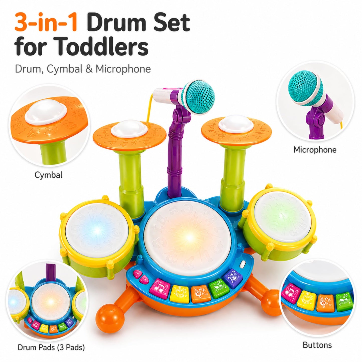 Toddler Drum Set for Toddlers 1-3, Baby Drum Set with Microphone & Lights, Kids Musical Instrument Toy for 1 2 3 Year Old Boys Girls, Birthday Gift, Toddler Music Toy