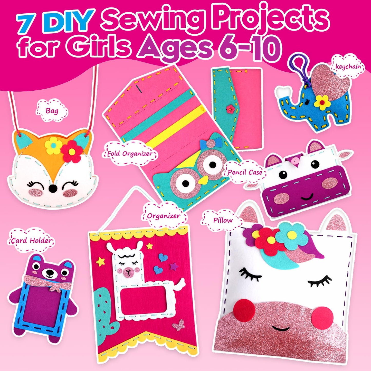 Sewing Craft Kit for Girls: DIY Felt Sewing Kit for Kids Ages 5-10, 7 Fun Projects with Stuffed Animals & Pillows, Learn to Sew Kit for Beginners, Ideal for Christmas & Birthday, Arts & Crafts Ideas