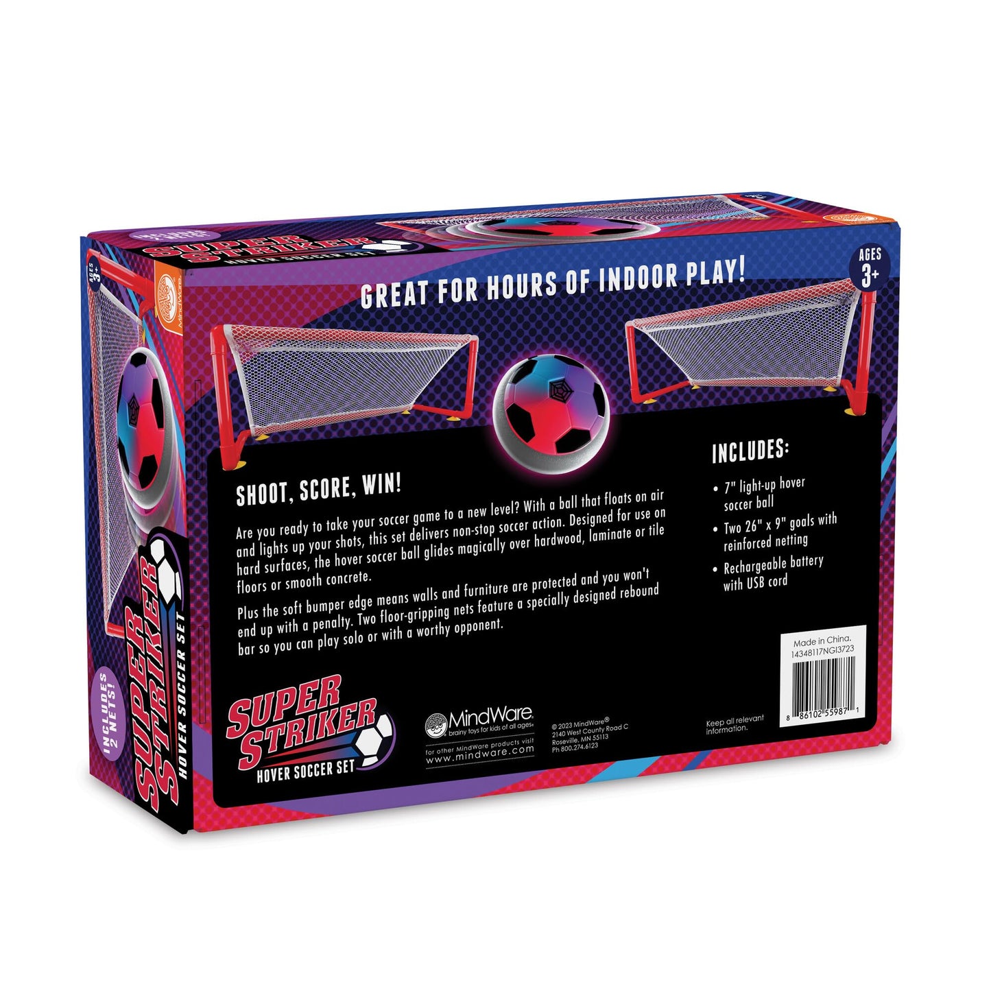 MindWare Super Striker Hover Soccer Ball Set - Indoor Soccer for Kids Ages 3 and Up - Flashing LED Lights - USB Charger - Includes 2 Sturdy Nets for 1 or 2-Player Indoor Games for Kids 8-12