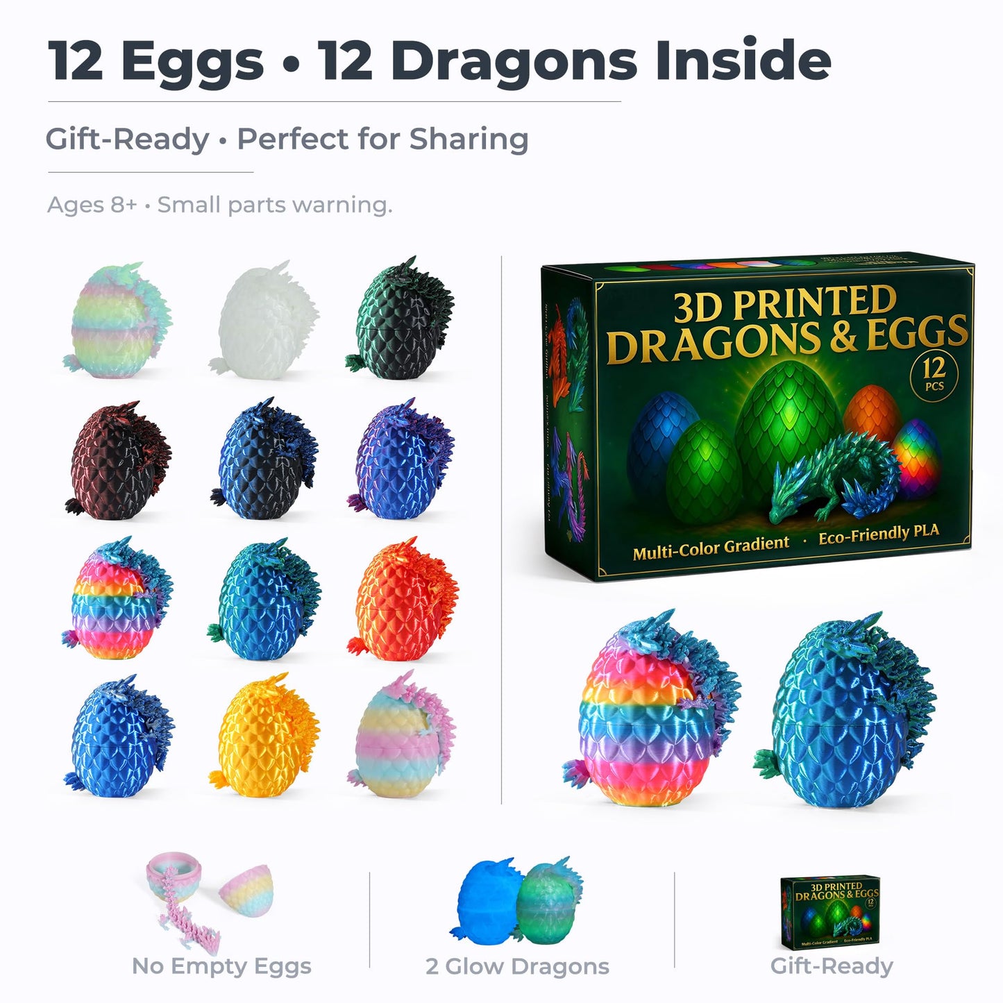 MiniMythos Toys 12 Pack 3D Printed Dragon Eggs with Dragons Inside, Mini Articulated Crystal Dragon Figures, Dragon in Egg Collectible Set, Desk Decor Display, Gift-Ready Box