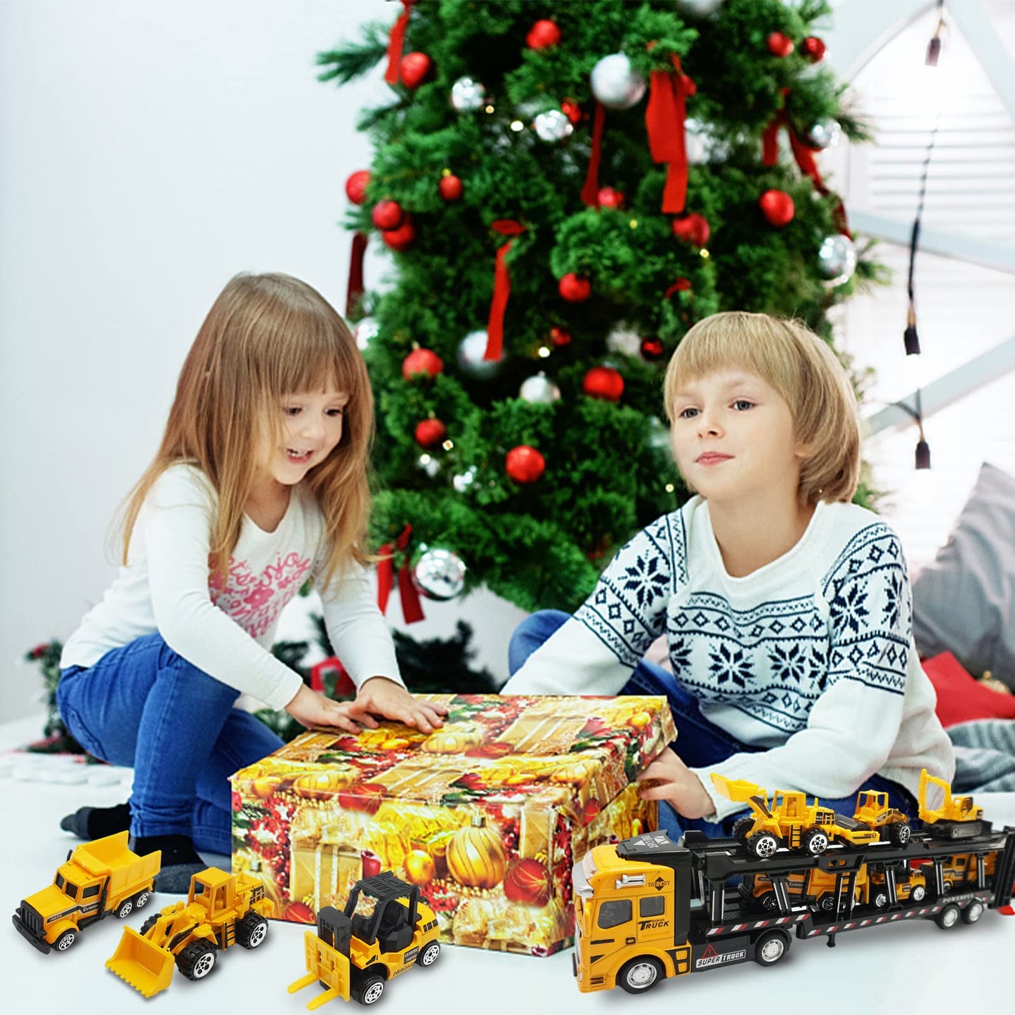 OTONOPI Car Transport Truck Toy Construction Diecast Cars Play Vehicle Set Carrier Trailer Truck with Mini Crane Excavator Digger Dumper Tractor for Kids Pack of 7