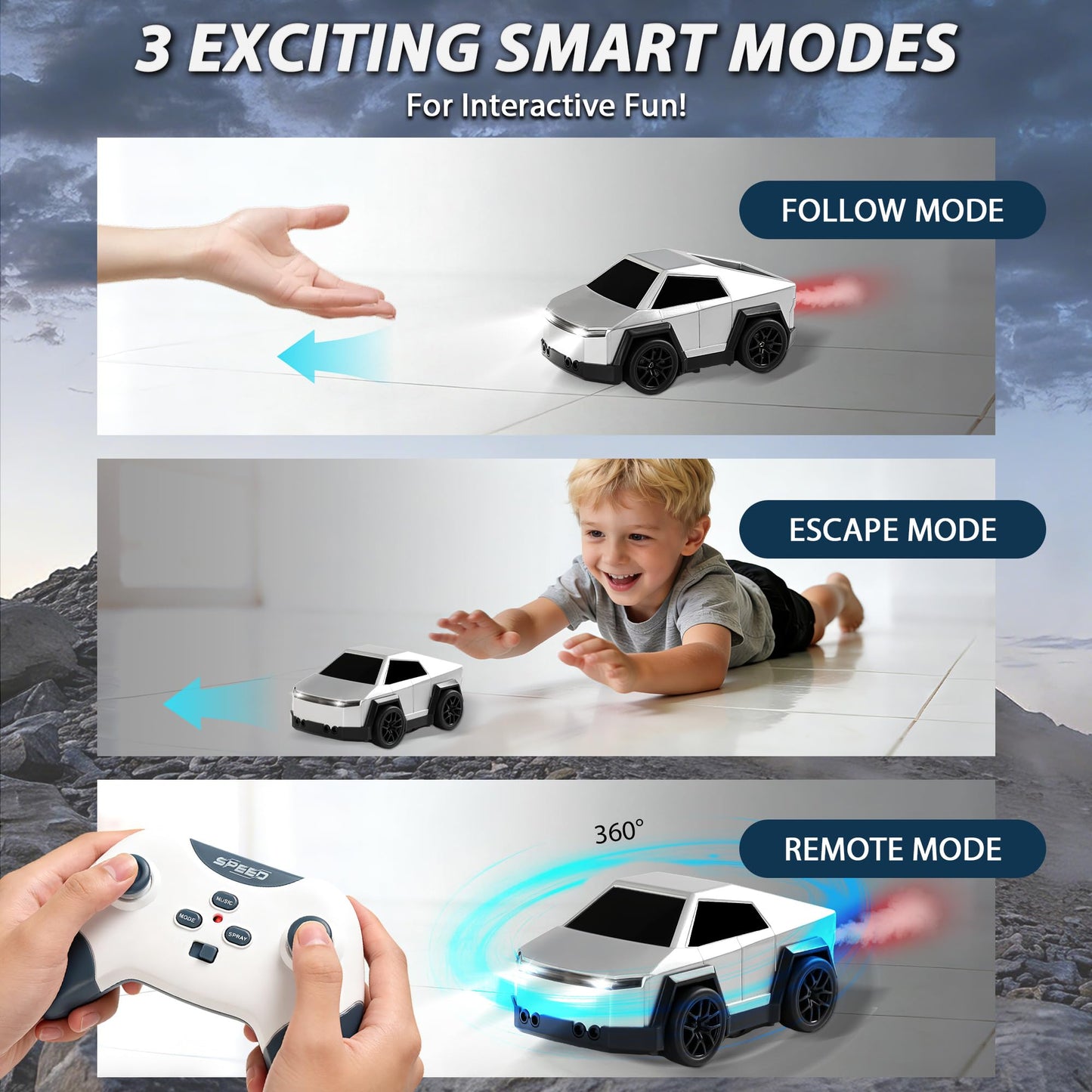 SANGQAOFU Remote Control Car Cyber-Inspired Rc Car Toys with Drift Spray & Follow and Escape Mode 2.4GHz Rc Truck Toys for Boys Cat Dog(Silver)