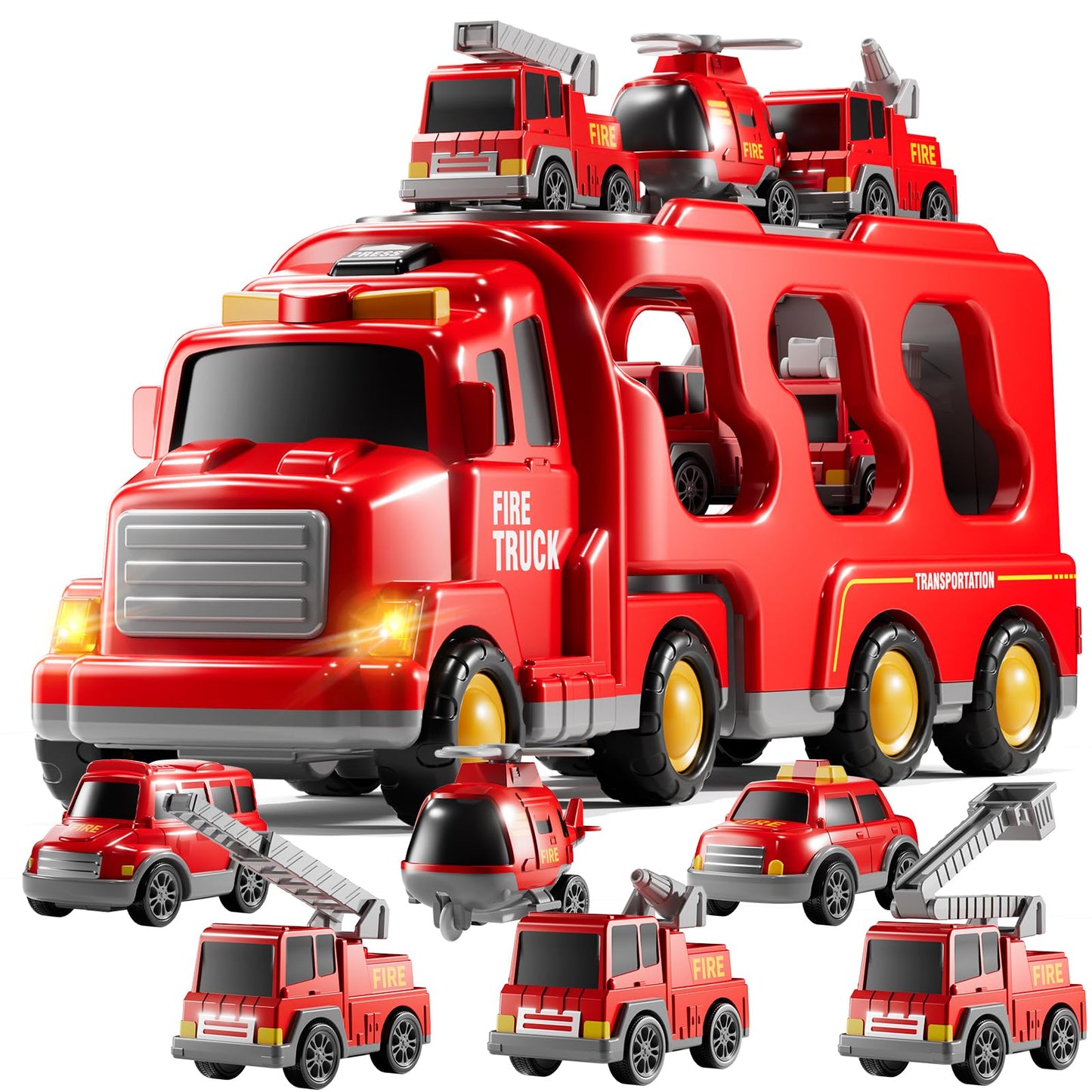 KIZONLY Fire Truck Toys for Toddler 1-3 3-5, 7-in-1 Fire Car Carrier Vehicle Set for Girls 1 2 3 4 5 6 Years Old, Transport Car with Light Sound, Birthdays Gifts for Kids Girls Aged 3-9