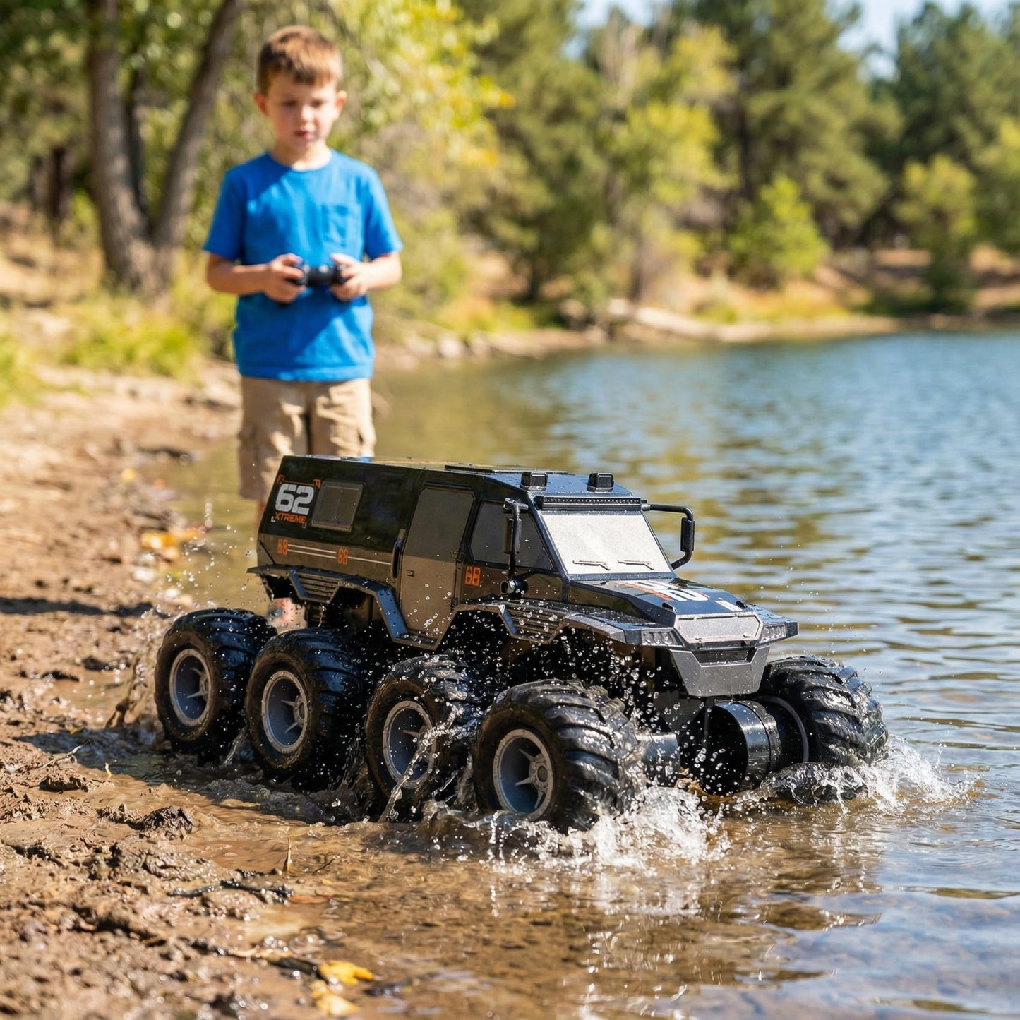 KB KAIBO 1:12 Large Amphibious Remote Control Car Monster Truck - 8WD All Terrain Waterproof RC Toy for Kids, 7.4V High-Speed Remote Control Car for Boys Girls Ages 6-12, Perfect Birthday Gifts -Black