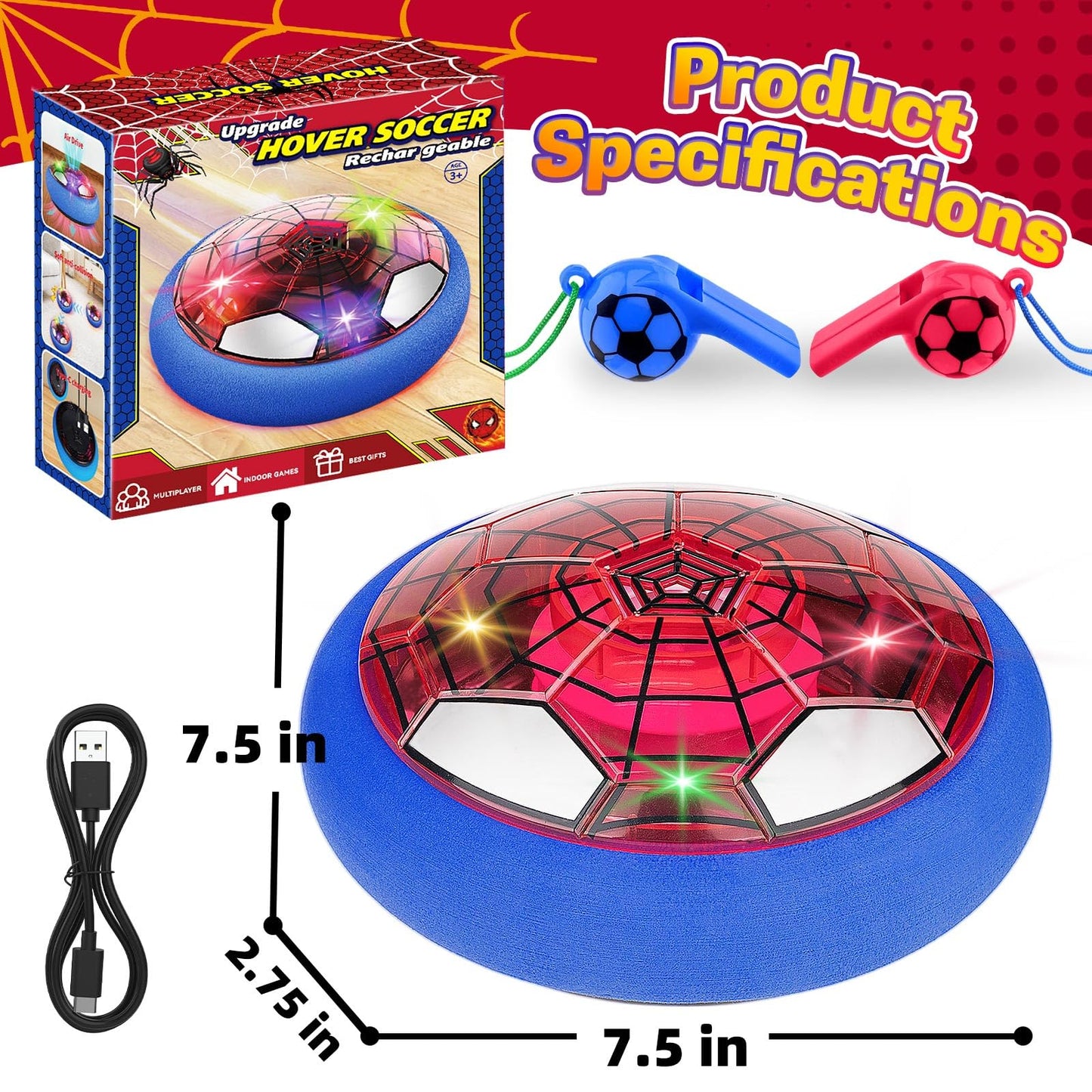 SUYUKI Hover Soccer Ball for Kids Boys, Spider Soccer Toys for Boys 4 5 6 7 8 9 10, Indoor Boy Toys with Led Lights and Foam Cushion Spider Hover Football Air Power Football