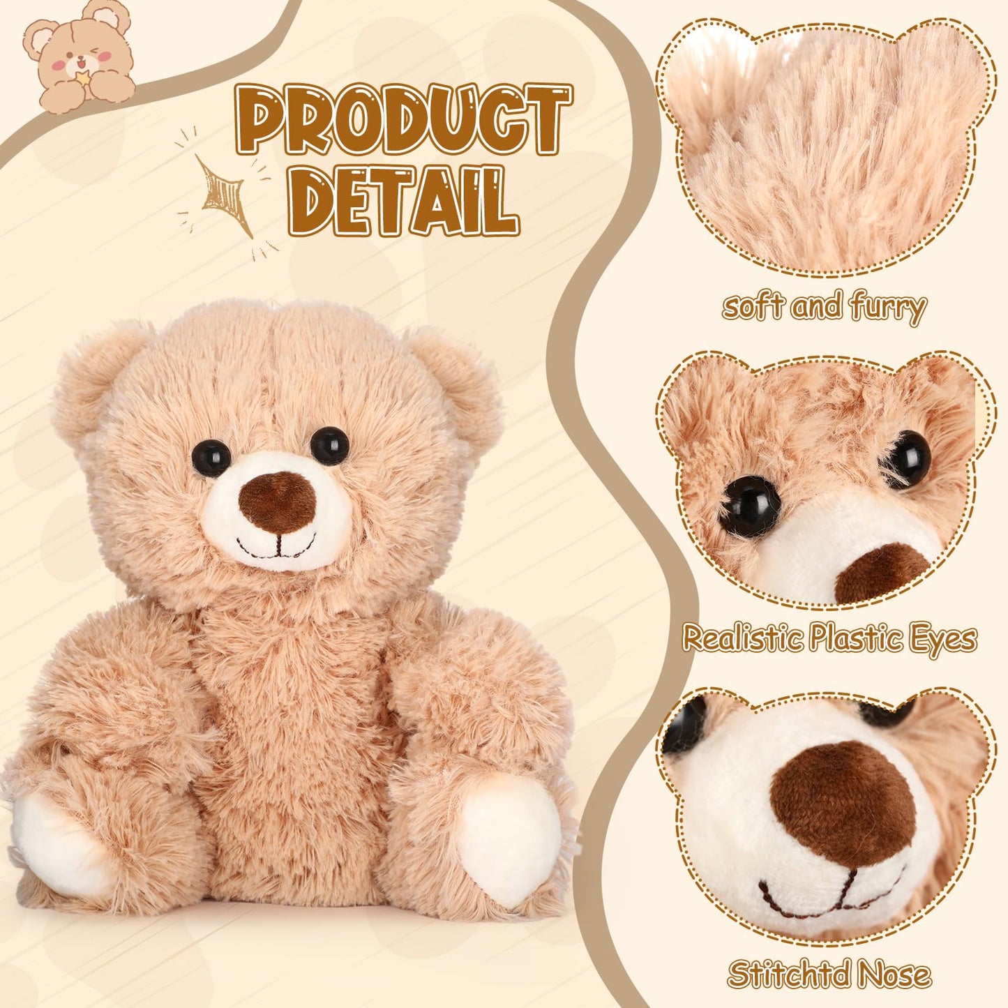 Jenaai 8 Pcs 10 Inch Bear Stuffed Animals Bulk Cute Baby Shower Small Plush Bears Party Favors for Baby Shower Wedding Birthday Graduation Centerpiece Decoration(Stylish,Light Brown)
