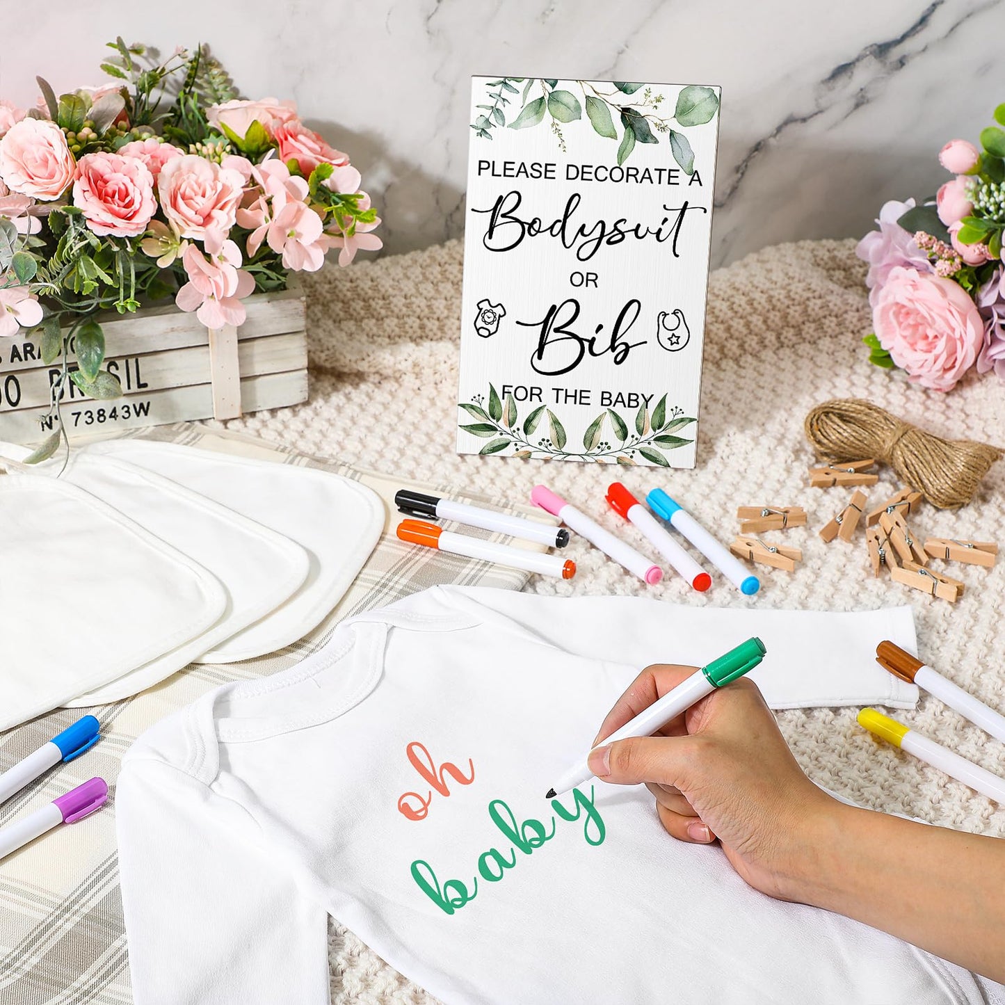 Hoosige 43 Pcs Baby Shower Games White Bodysuit Decorating Kit Bibs Design Games Prizes, Include Wooden Game Sign with 15 Blank White Bibs 15 Bodysuit 12 Marker for Shower