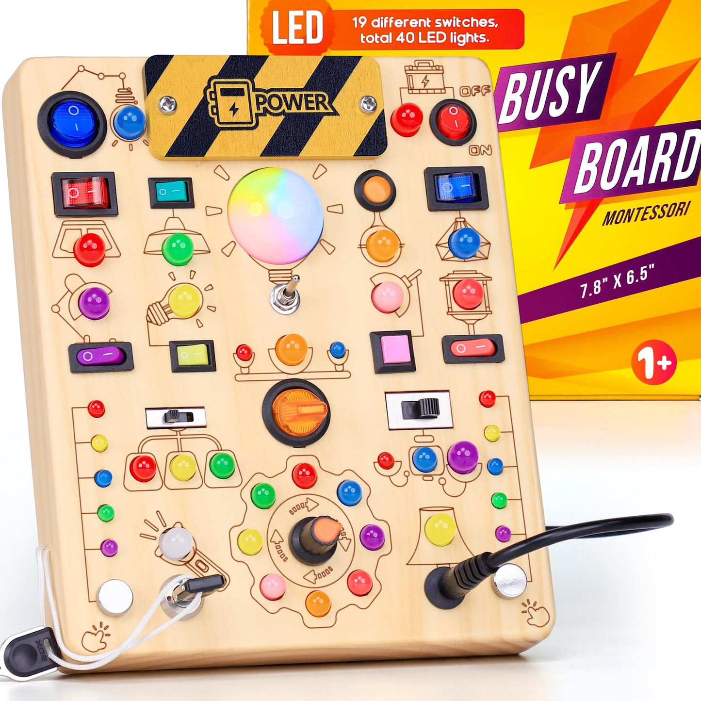 RichBoy Montessori Toy Busy Board with 40 LED Lights, 59-in-1 Sensory Toys for Toddlers, Travel Educational Activity for Airplane, Ideal Christmas Birthday Gift for Boys & Girls (7.8" x 6.5")
