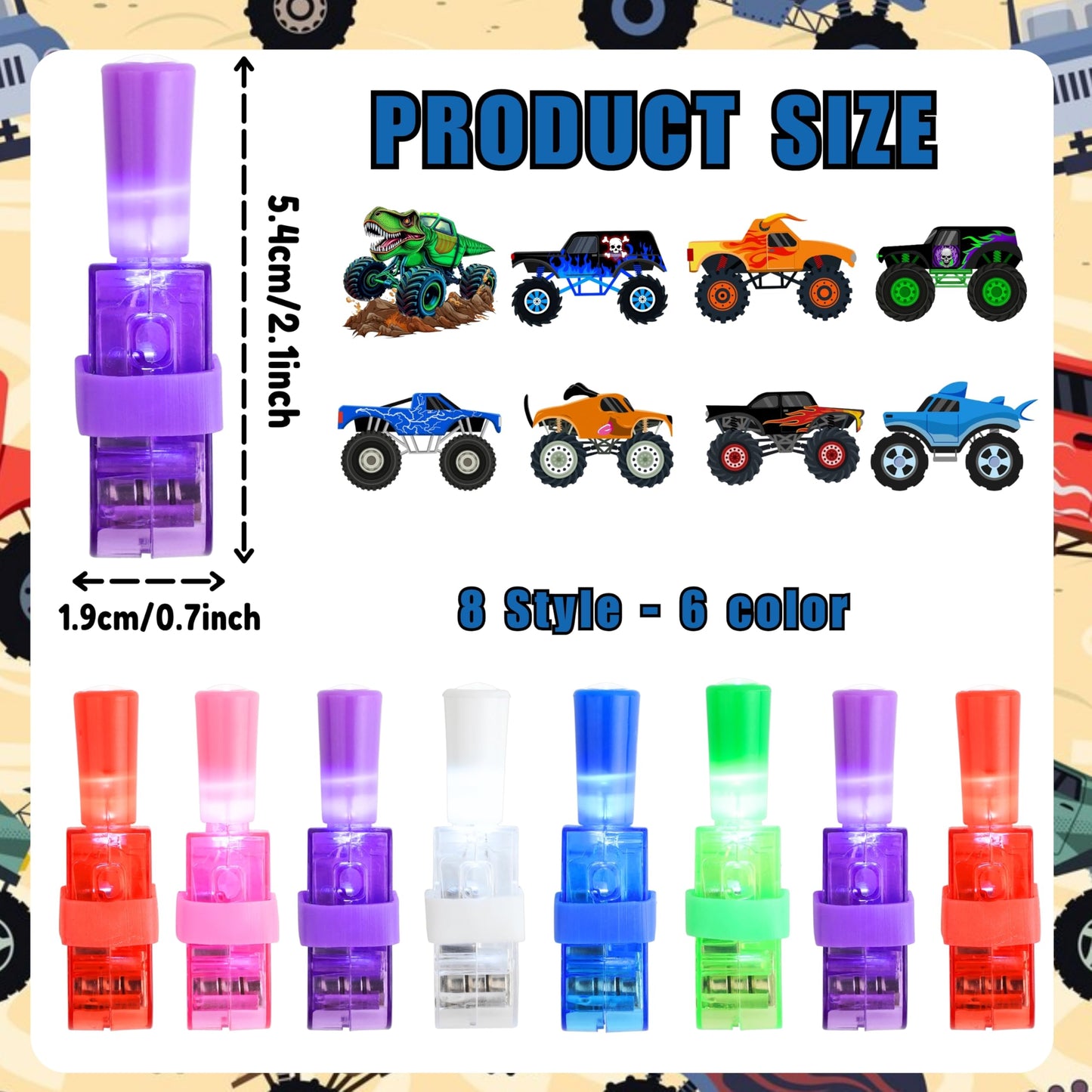 72 PCS Monster Truck Party Favors – 48 PCS Tattoos & 24 PCS LED Finger Lights Combo – Birthday Goodie Bag Fillers, Party Supplies, Gifts Light Up Toys Glow In The Dark for Boys and Girls