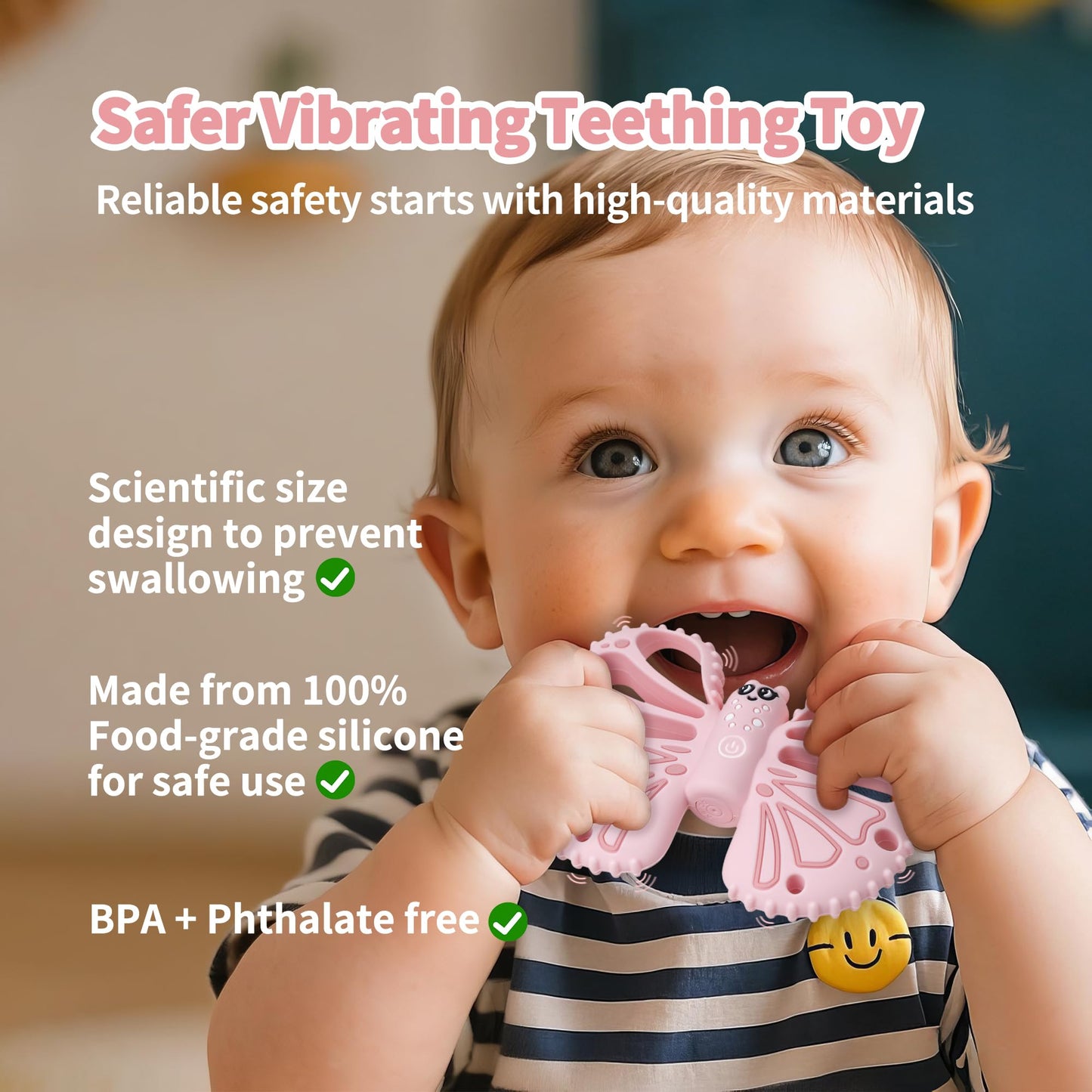ETETOO Vibrating Teether for Baby - Sensory Chew Toy for Autistic Children & Vibrating Chewy, 10X Vibration Settings, Giving Autistic Children a Better Sensory Experience (Pink)