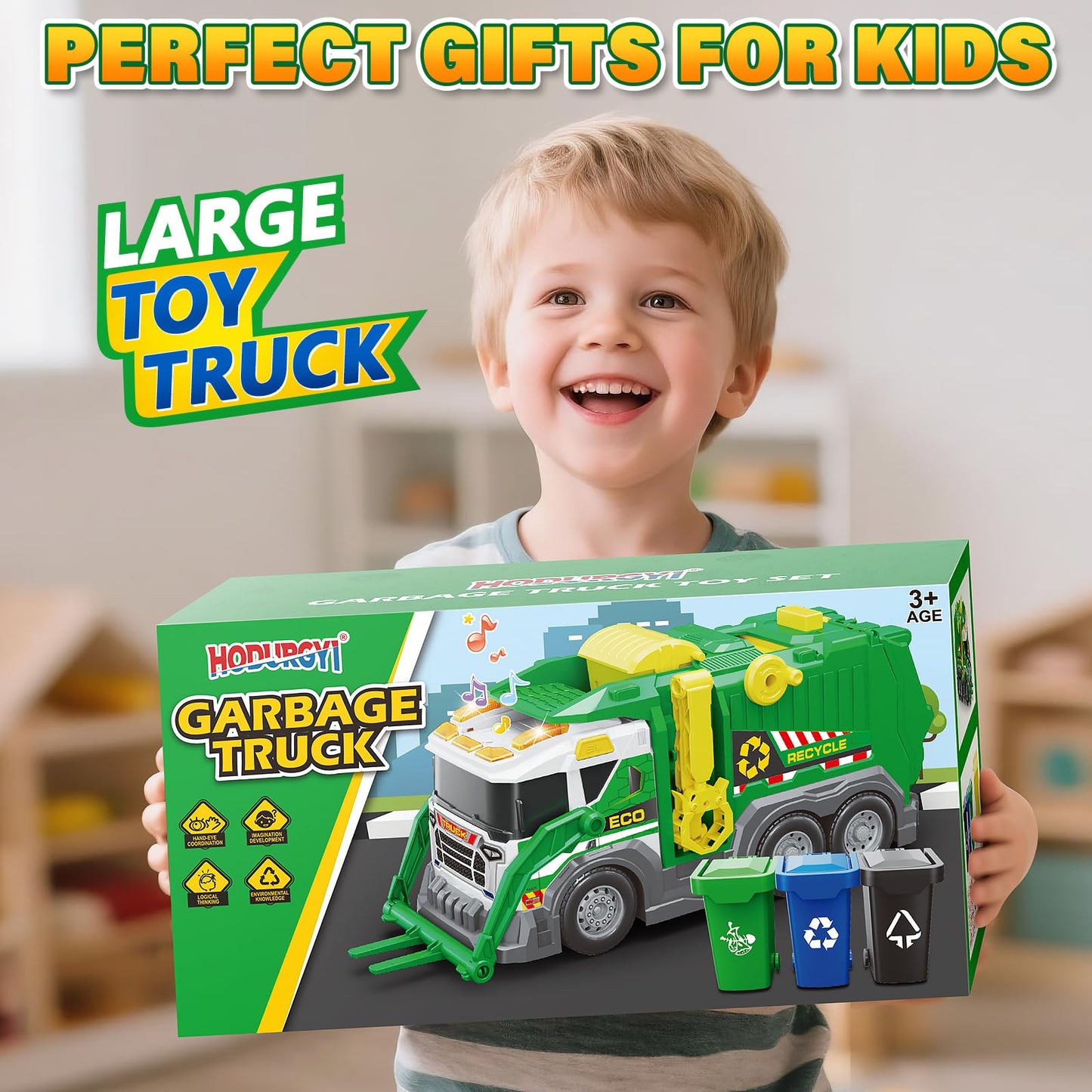 Large Garbage Truck Toy Set for Boys Ages 3 4 5 6 7 8, Kids Trash Truck with Sound, Light, Dumpster, Trash Bins and Learning Cards, Friction Powered Garbage Trucks Christmas Birthday Gifts for Toddler