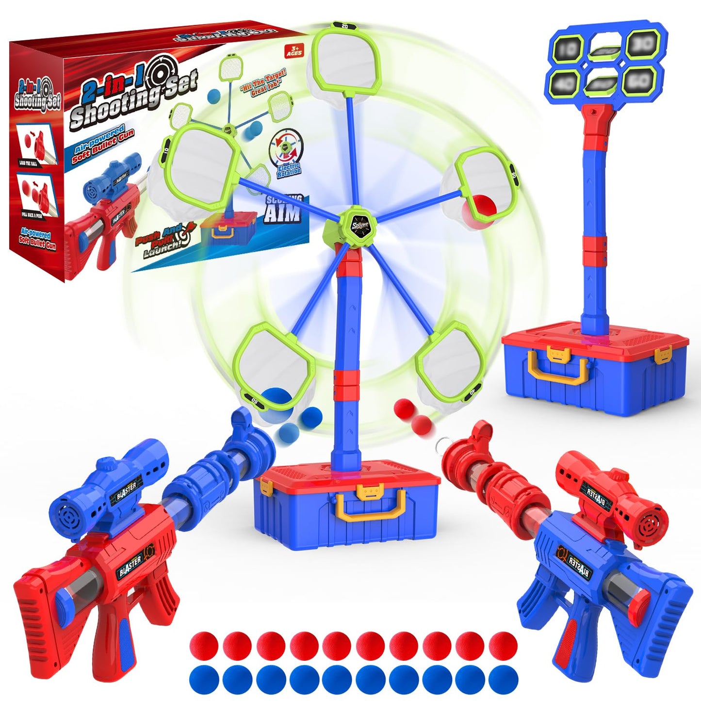 2 IN 1 Shooting Game Toys For 5 6 7 8 Year Old Kids, Moving Standing Shooting Target & 2 PCS Foam Ball Popper Air Toy Guns, 24 Foam Balls, 2 Player Boy Toys For Boy Kids, Gifts for Boys and Girls