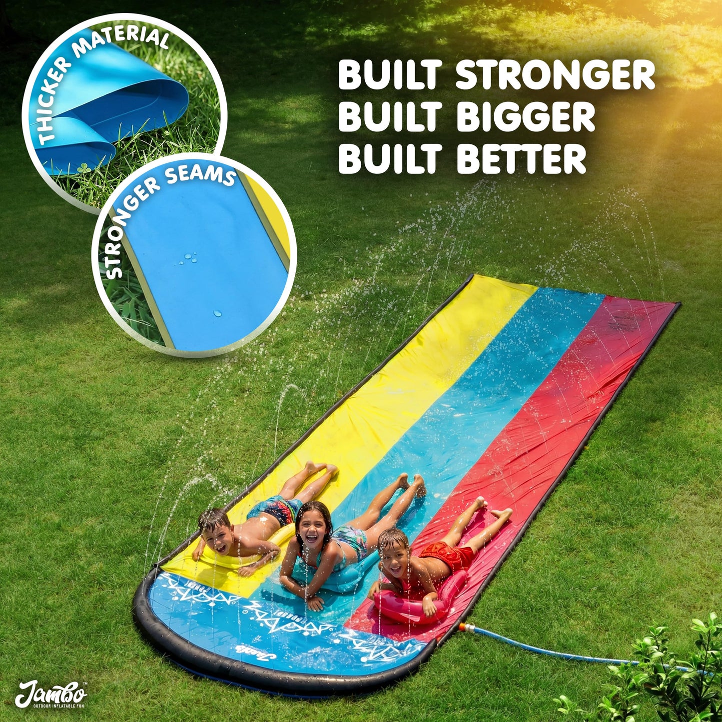 JAMBO XL 20Ft Summer Vibes Premium Slip and Slide with 3 Bodyboards, Heavy Duty Water Slide- Advanced 3-Way Water Sprinkler System, Backyard Waterslide Outdoor Water Toys n Slides for Kids