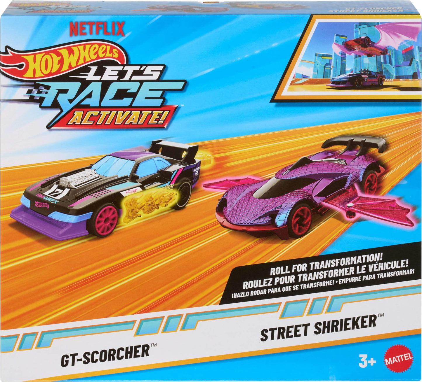 Hot Wheels Let’s Race Activate! Toy Car 2-Pack, GT-Scorcher & Street Shrieker, Roll to Transform or Reveal Surprise Feature Like in the Netflix Series