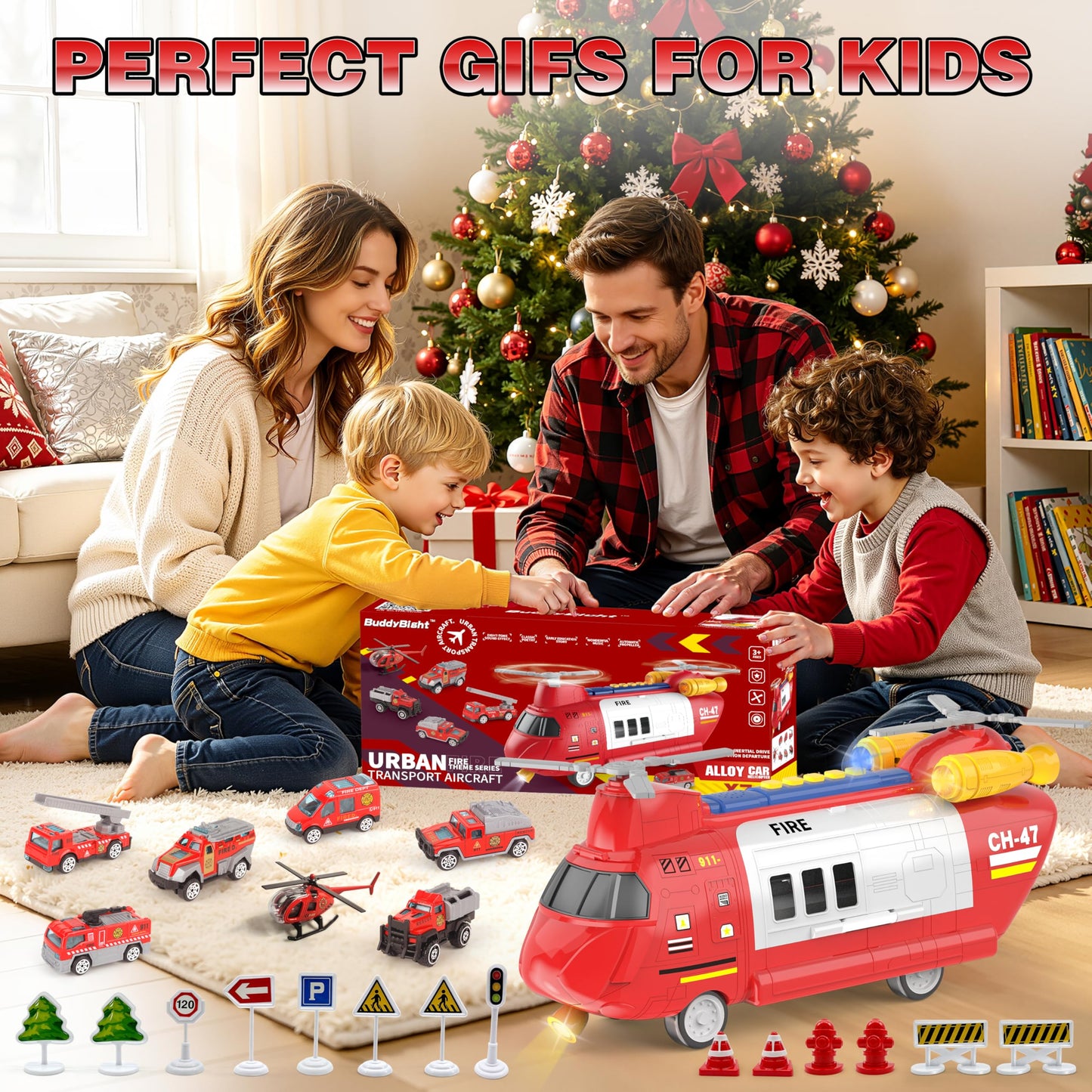 Transport Airplane Toy with 7 Rescue Vehicles/helicopter,1 Play Mat,14 Road Signs,Dual Form Airplane Toy Set with Lights and Sounds,Automatic Propellers, Cars Ejection, Gift for Boys and Girls Age 3+