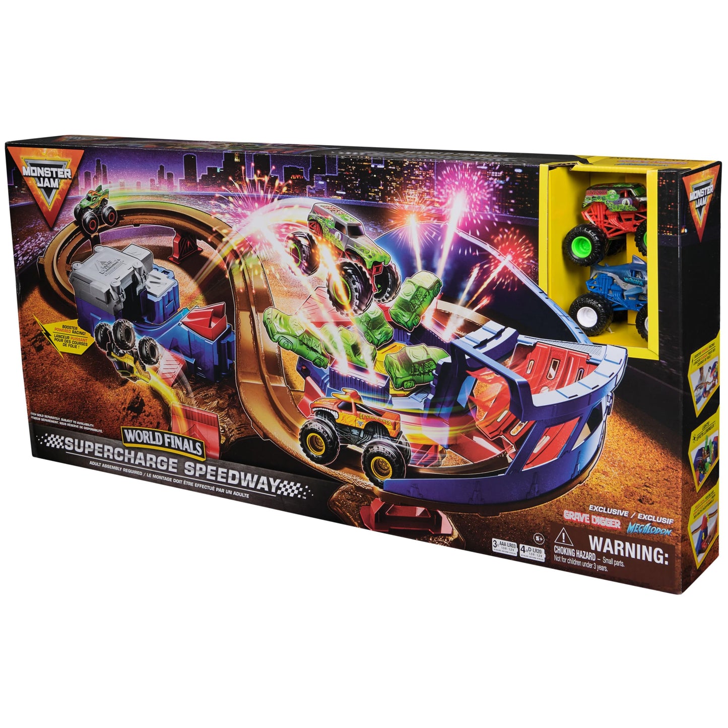 Monster Jam, Supercharge Speedway Playset, Megalodon and El Toro Loco Die-Cast Monster Trucks, Light Up World Finals Track Kids Toys for Boys Ages 3+