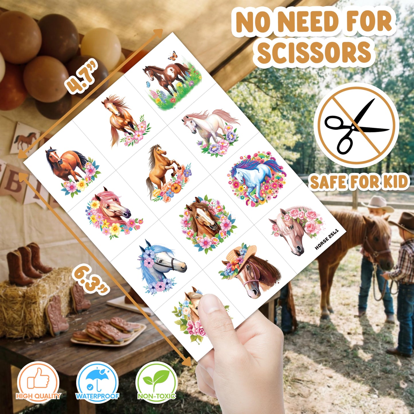 48PCS Horse Party Favors - 24PCS Temporary Tattoos & 24PCS Stick Hands Party - Perfect Birthday Party Supplies, Goodie Bag Stuffers, Treasure Box Toys, Classroom Prizes, and Student Gifts