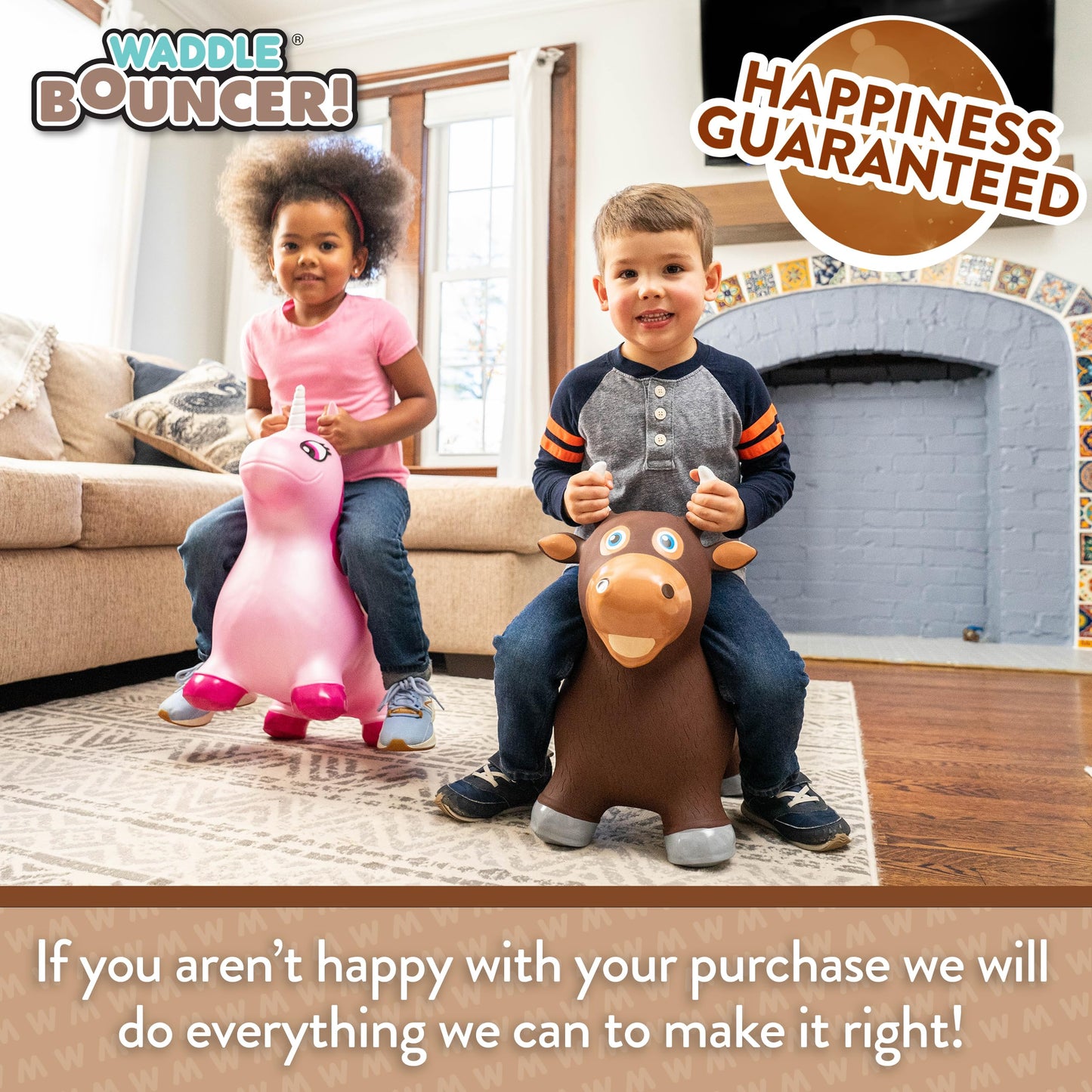 WADDLE Bouncy Hopper Inflatable Hopping Animal, Indoors and Outdoors Toy for Toddlers and Kids, Pump Included, Boys and Girls Ages 2 Years and Up (Brown Bull)
