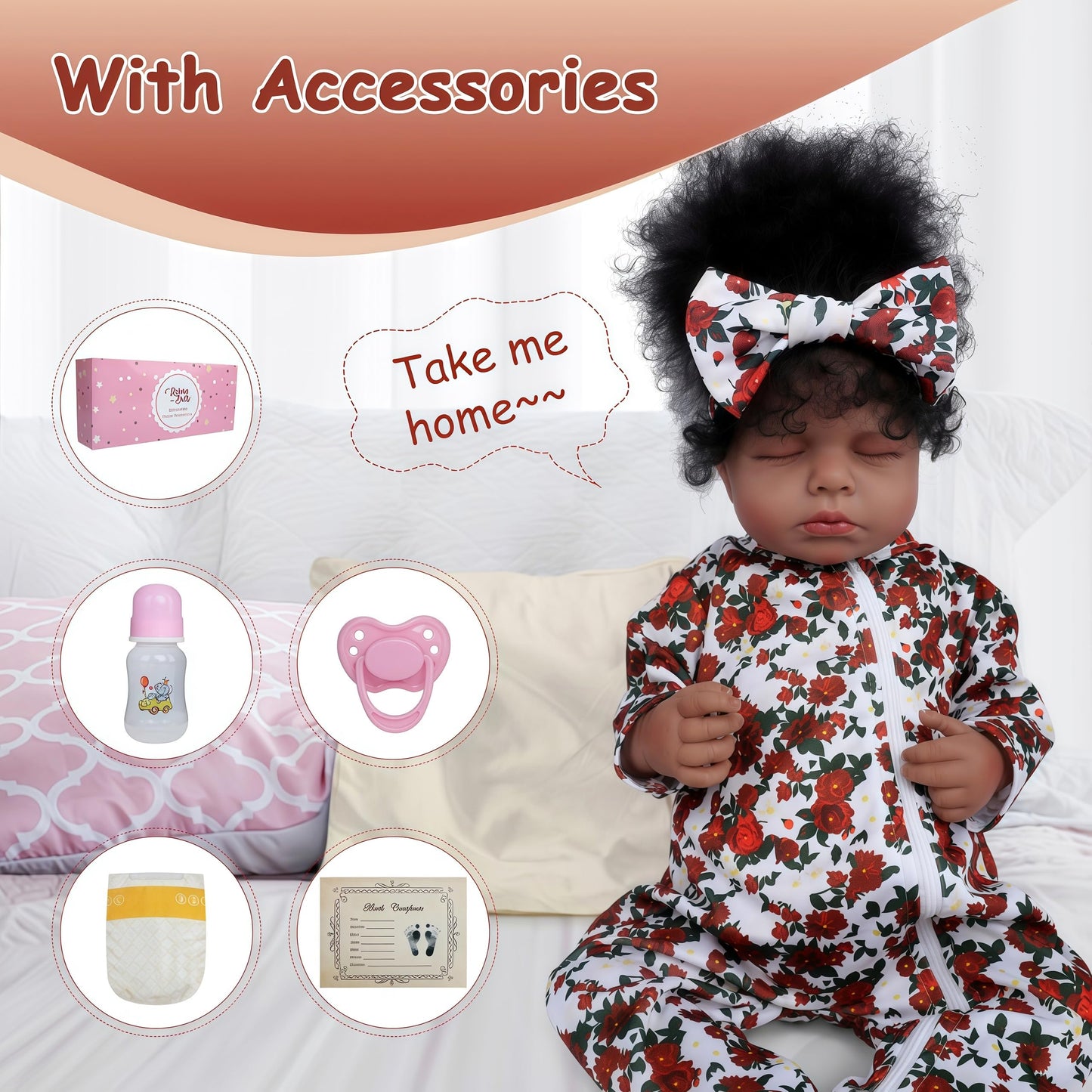 YuDill 18 Inch Realistic Black Reborn Baby Doll – Sleeping African American Baby Girl Doll, Soft Cloth Body, Hand-Rooted Hair, Lifelike Newborn Doll for Kids & Collectors