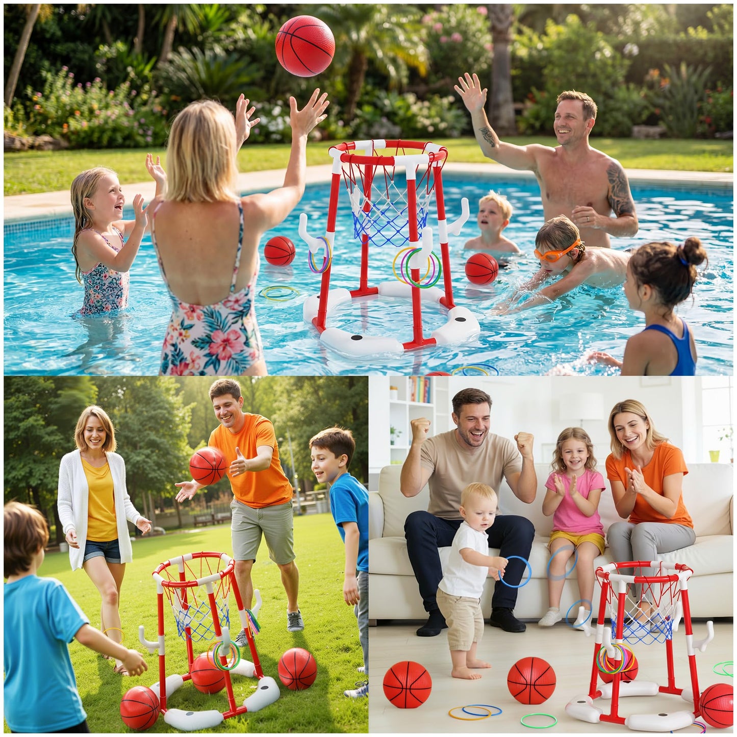 AIBEIQITOY Pool Basketball Hoop for Kids 4-8 8-12, 2 in1 Floating Basketball Hoop Set with 4 Balls,12 Rings&Pump, Swimming Pool Basketball Water Toys for Summer Outdoor Family Party Game Toys