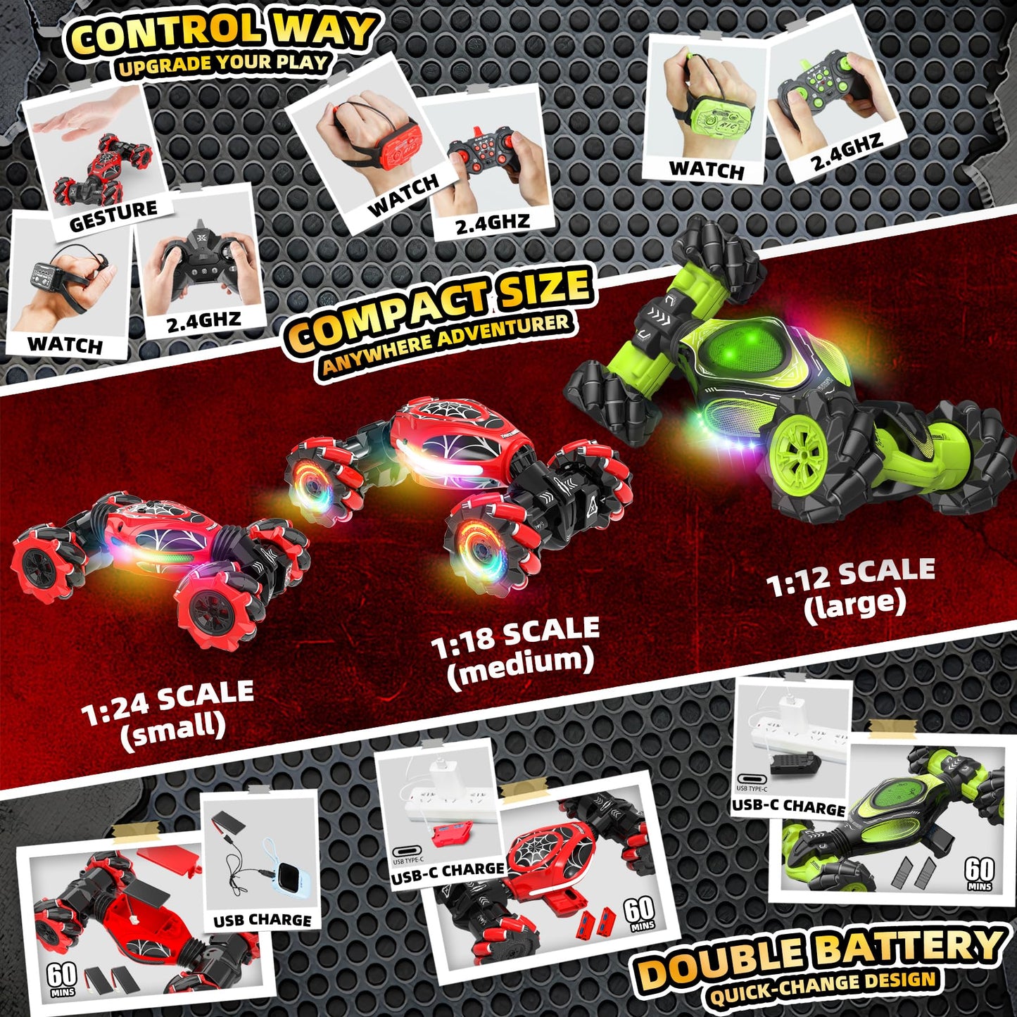 XUERENTECH Spider Gesture RC Car, 2.4GHz Gesture Sensing RC Stunt Car Toys for 6-12 Years Old Boys Girls, Hand Controlled Remote Drift Twist Offroad 360° Rotation with Lights Music for Birthday Gifts