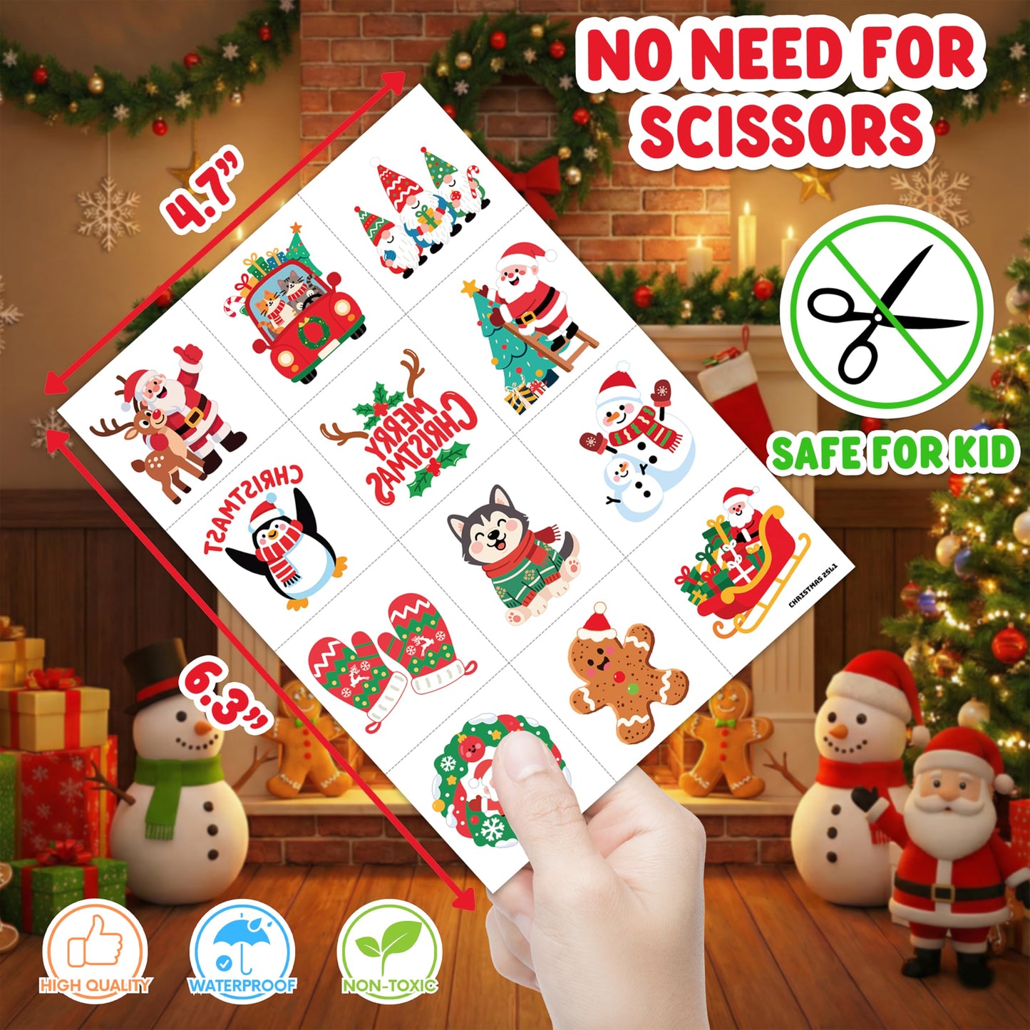48PCS Christmas Party Favors - 24PCS Temporary Tattoos & 24PCS Stick Hands - Perfect Birthday Party Supplies, Goodie Bag Stuffers, Treasure Box Toys, Classroom Prizes, and Student Gifts