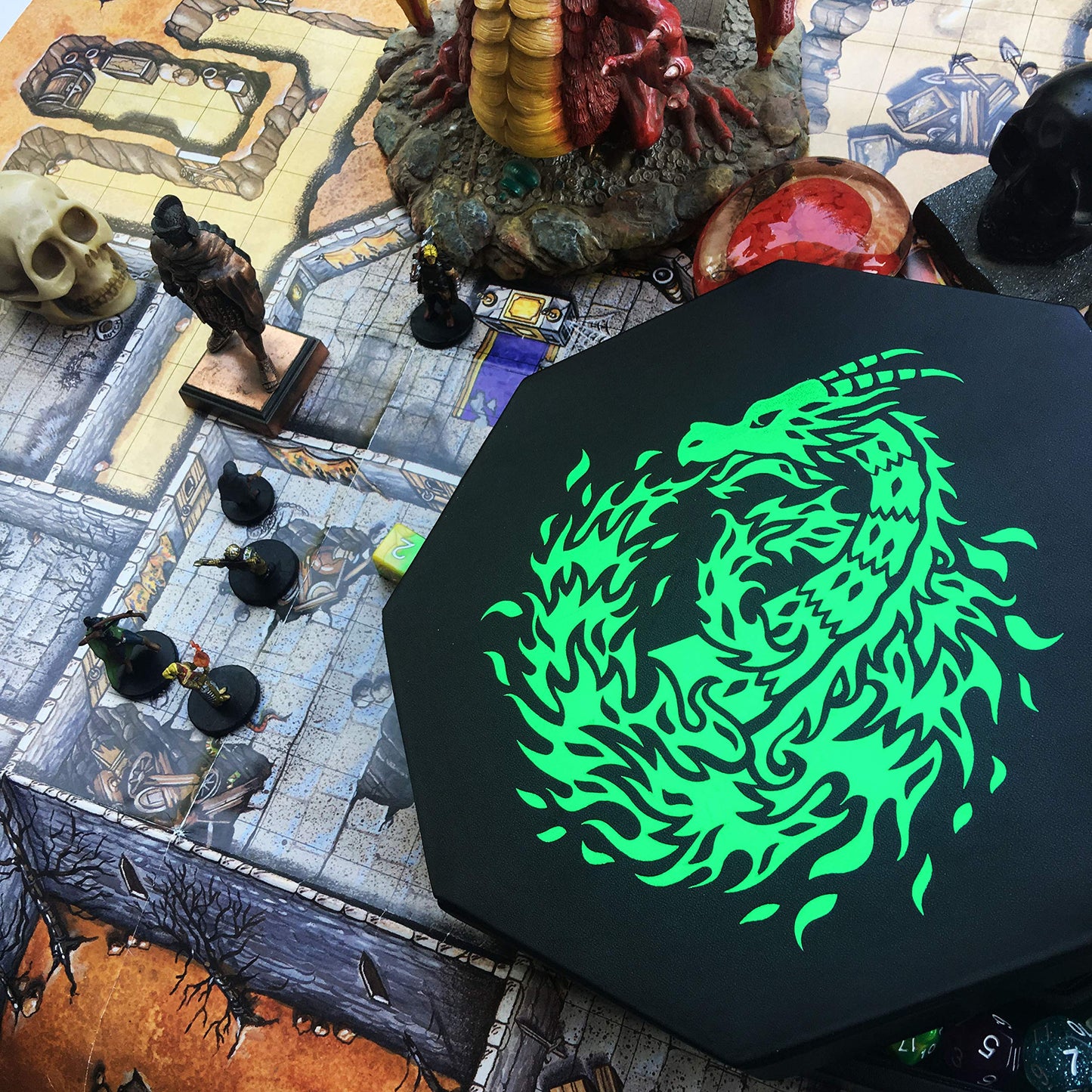 Fantasydice Green Fire Dragon Dice Tray with Wizard Book Print – 9" Octagon with Dice Staging Area, Holds 5 Dice Sets – Ideal for Tabletop RPGs and Board Games