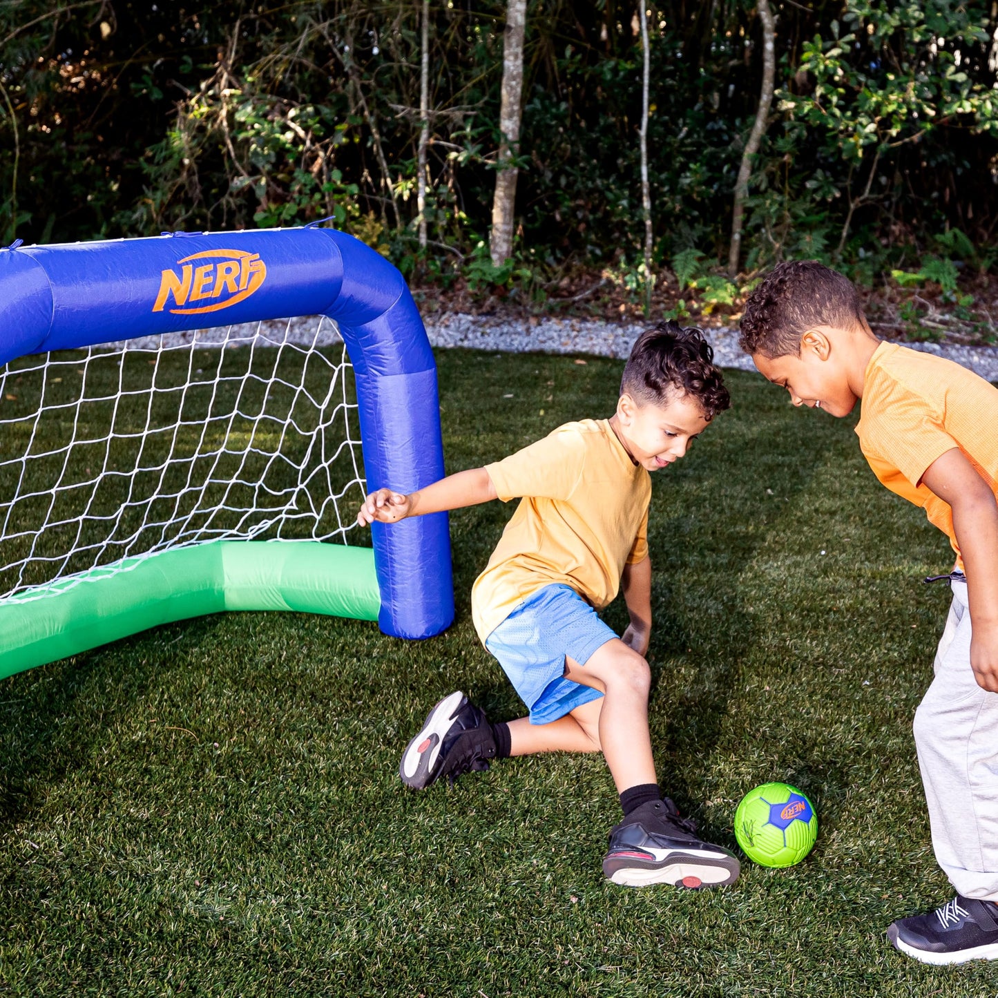 Nerf NERF AirGoal Inflatable Soccer Goal Set - Instant Blow Up Youth Goal + Foam Soccer Ball - Plug in Inflation in 10 Seconds - Kids Net Toy for Kids + 5" Inch Mini Ball