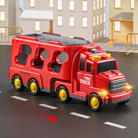 JUKUDAHU Truck Toys for 3 4 5 6 Years Old Boys, Toddler Car Toys for Toddler Boys Ages 3-5, Fire Toys Car Carrier Vehicle Toy Set, Kids Toys Truck Set for Age 3-9