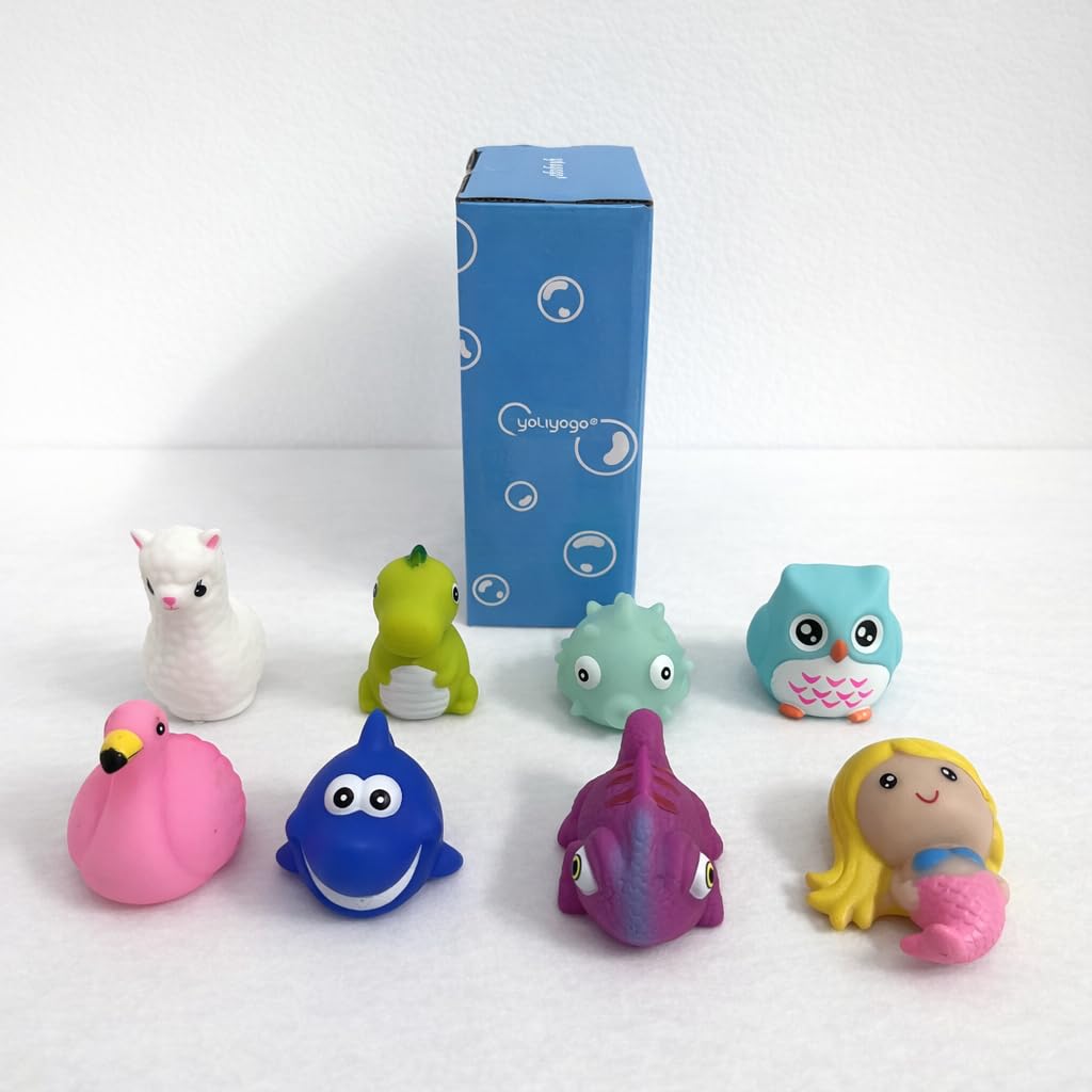 yoliyogo Animal Bath Toy Floating Auto Flashing Early Learning Toy Package with 8 Pcs Dinosaur Shark Flamingo Mermaid Etc Bathtub Shower Set Gift for Kids&Pets