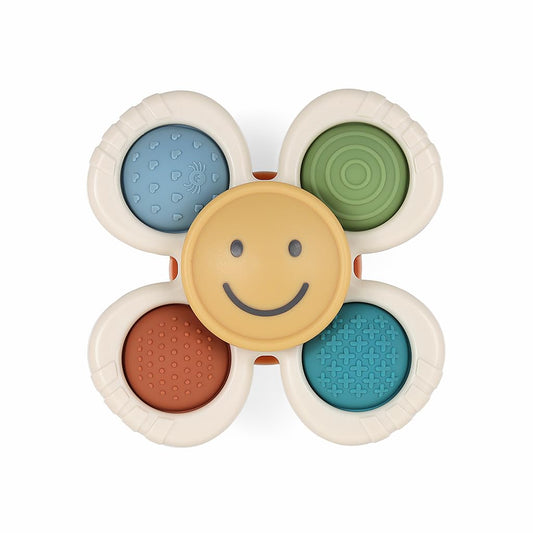 Itzy Ritzy Pop & Whirl – Fidget Spinner Travel & Bath Toy for Babies & Toddlers – Fidget w/Textured Silicone Poppers to Develop Fine Motor Skills – Sticks to Highchairs, Tables, Tubs More (Smile)