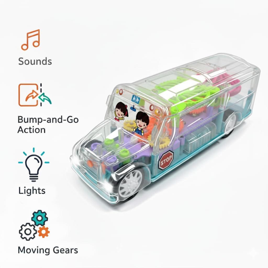 Light Up Transparent School Bus Toy for Kids & Toddlers – Musical, Flashing Lights, Bump & Go Action, Fun Sensory Learning Toy for Boys & Girls