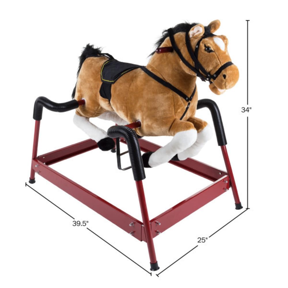 Spring Rocking Horse - Plush Bouncy Ride-On Toy with Fun Sounds, Wood Handles, and Adjustable Stirrups for Kids Ages 3 to 6 by Happy Trails (Brown)