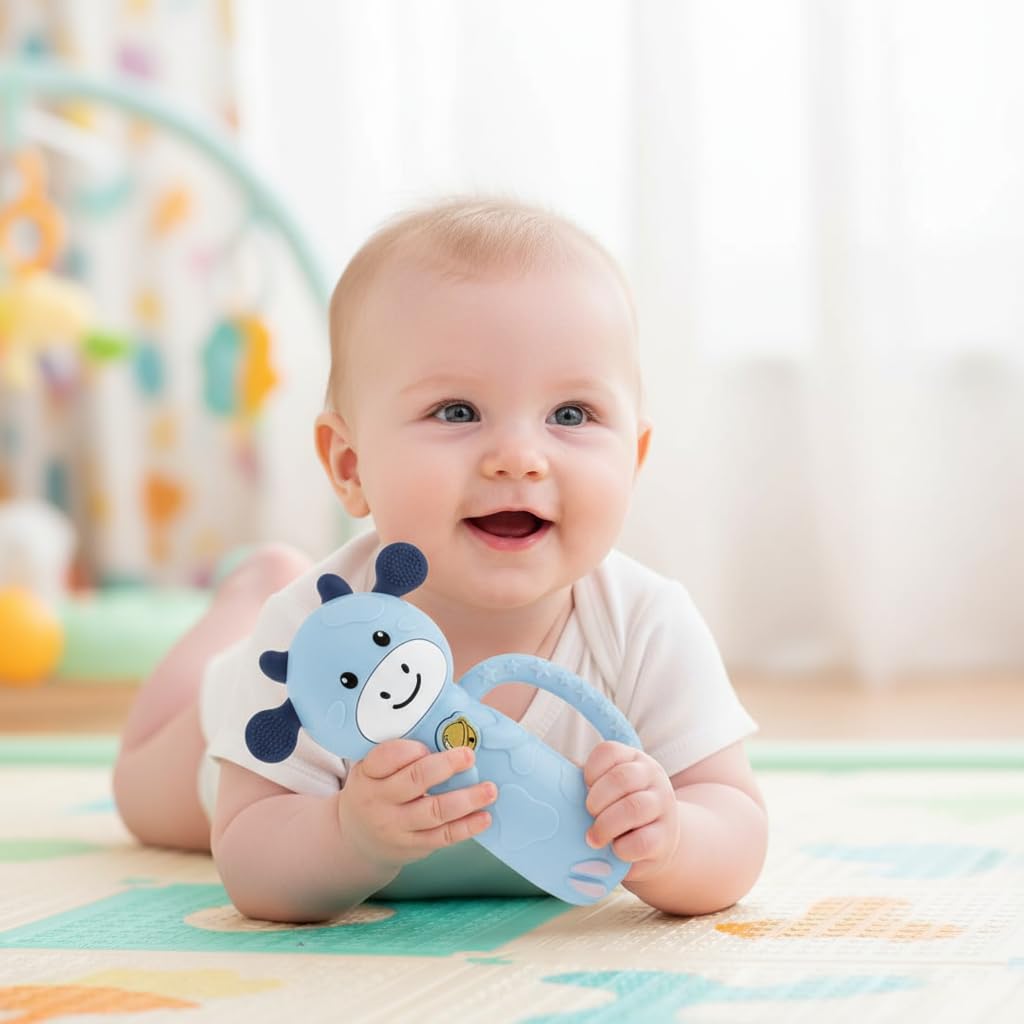 MooMoo Musical Baby Toy 4‑in‑1 Teether & Rattle, Light‑Up Sensory Toy with Music for 3–24 Month Infants, BPA‑Free, Easy‑Grip Handle, Ages 3 Months+ (Blue)