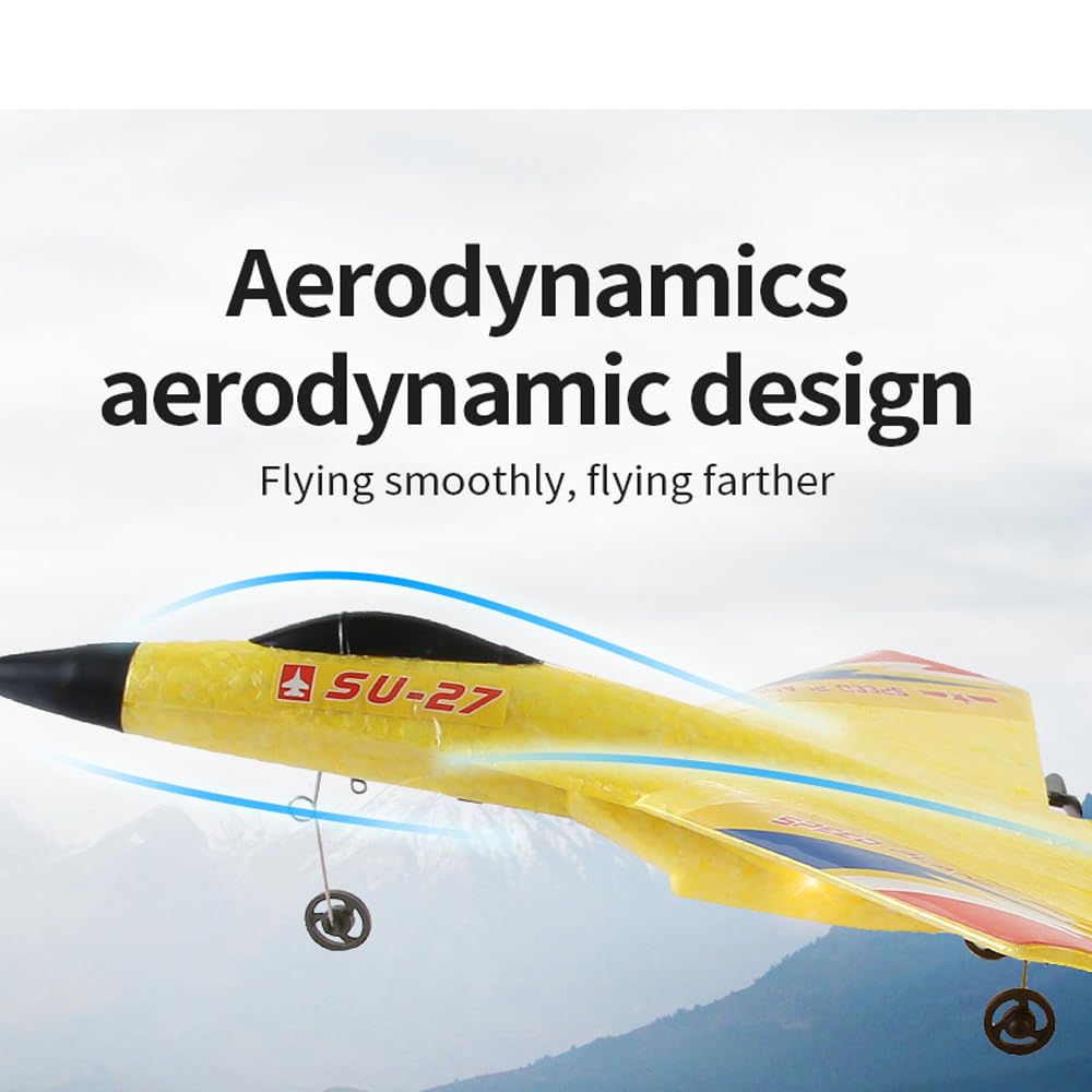 Yellow SU-27 RC Fighter Jet, Remote Control Airplane with Stunt Flight, Anti-Crash Foam Aircraft Model for 14+ Ages Teens and Adults, 2.4GHz Remote Control, 3 Batteries for Extended Flight Time