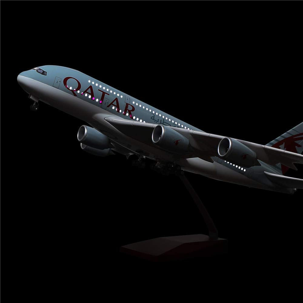 Qatar A380 Plane Diecast with LED Light(Touch or Sound Control) - 18' 1:160 Scale Airplane Model for Decoration or Displays