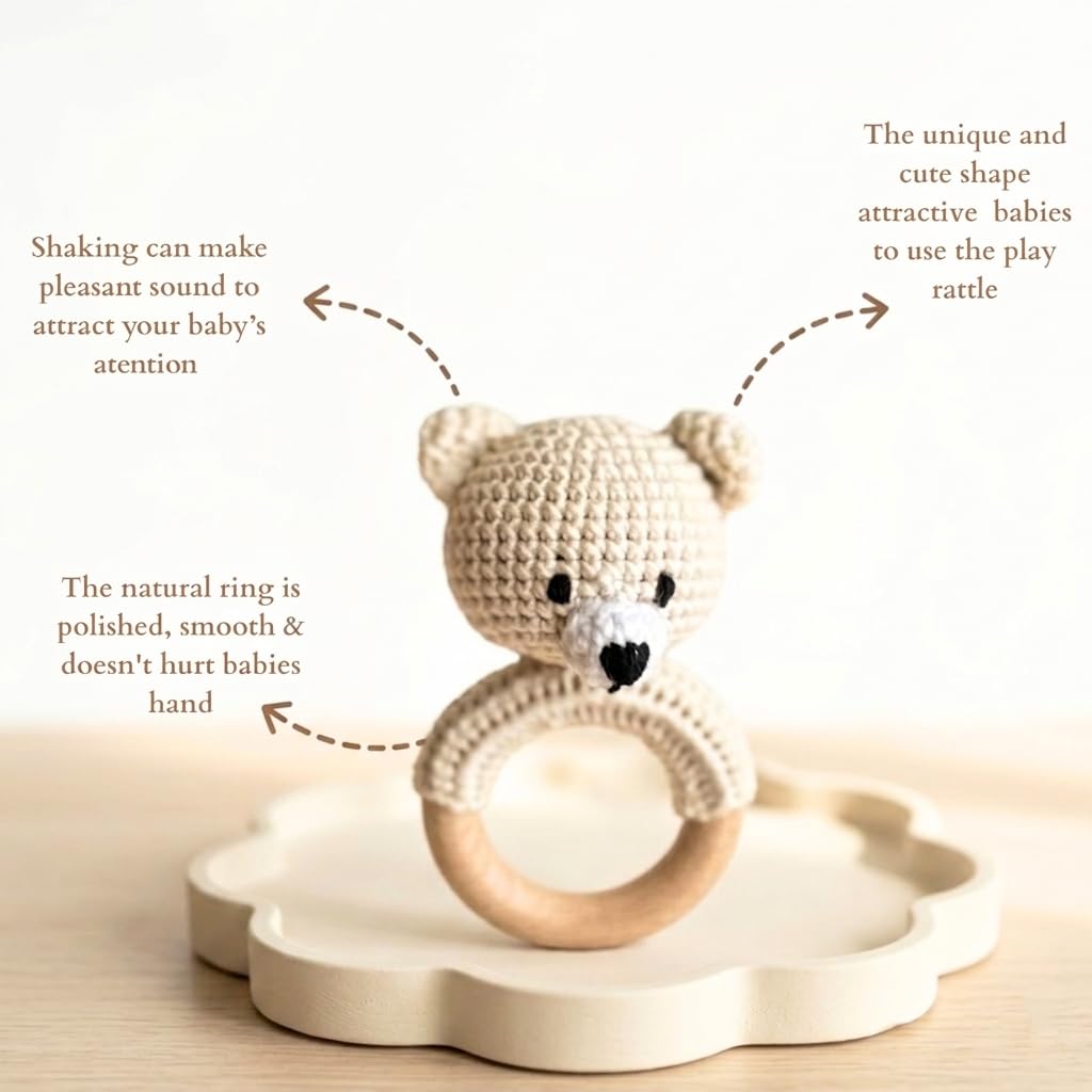 Organic Crochet Bear Baby Rattle Toy - Handmade Newborn Gift Set with Teether & Pacifier Holder - BPA-Free Organic Cotton New Baby Gift - Infant Sensory Toy for Girls Boys 0-12 Months