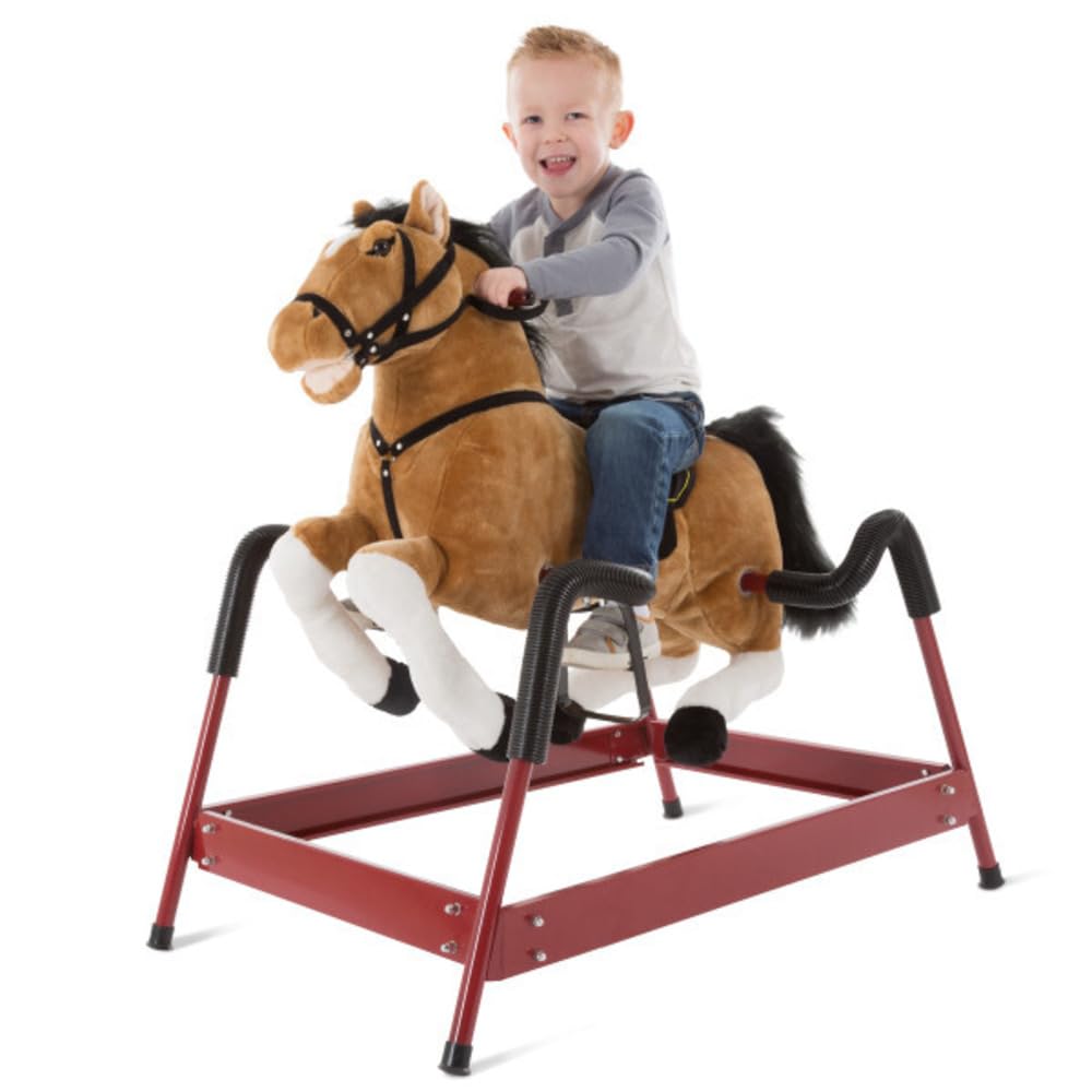 Spring Rocking Horse - Plush Bouncy Ride-On Toy with Fun Sounds, Wood Handles, and Adjustable Stirrups for Kids Ages 3 to 6 by Happy Trails (Brown)