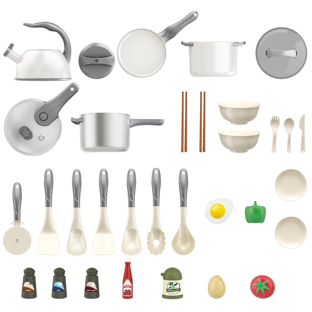 Bruvoalon 32Pcs Kids Play Kitchen Toys Set, Toddlers Pretend Cooking Playset Acccessories with Pots Pans, Utensils Cookware, Foods, Canned Veges, Learning Gift for Kids Girls Boys (White)