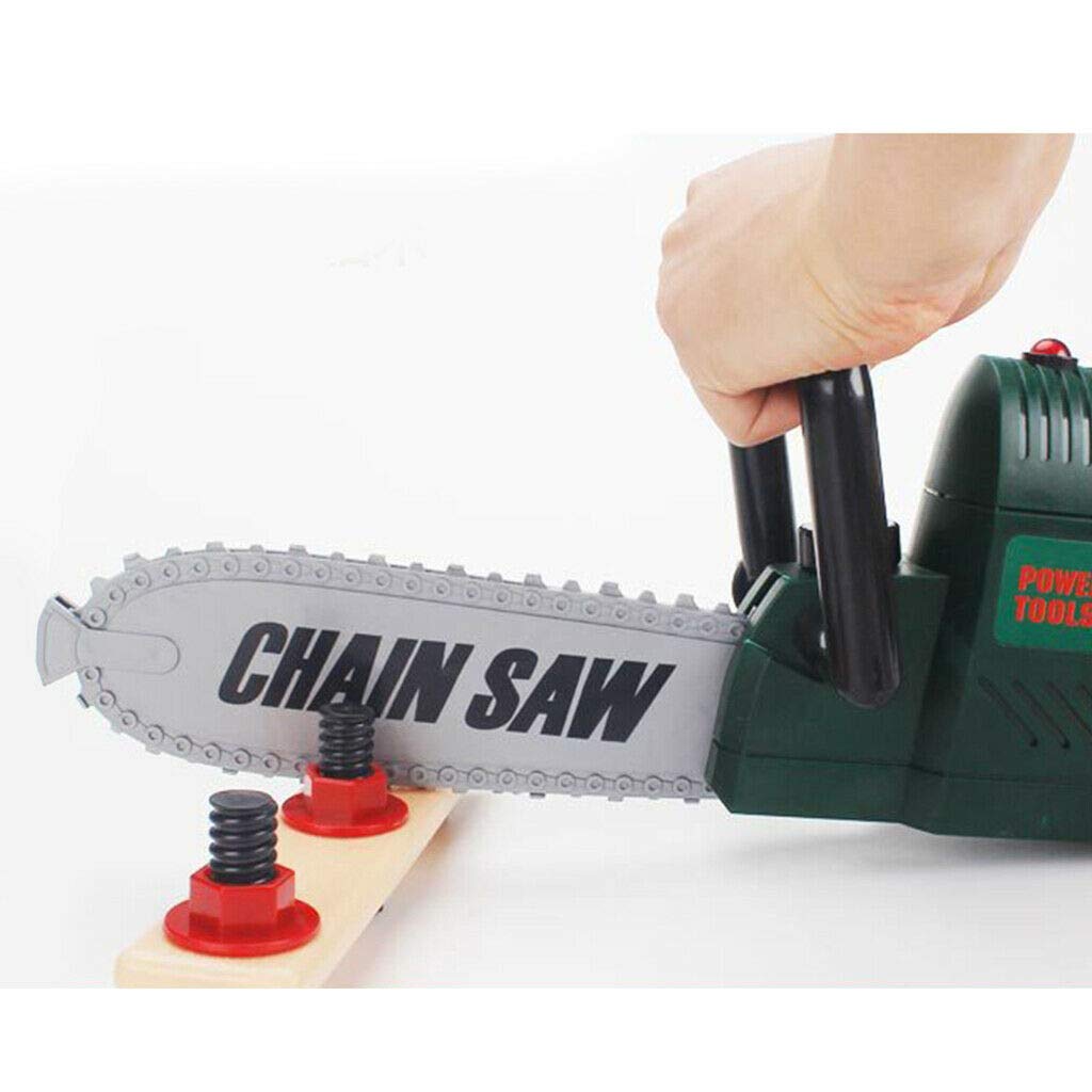 Kids Electric Chainsaw Toy Tool Pretend Play Set with Safety Goggles, Work Gloves | Rotating Chain and Realistic Sound Effects